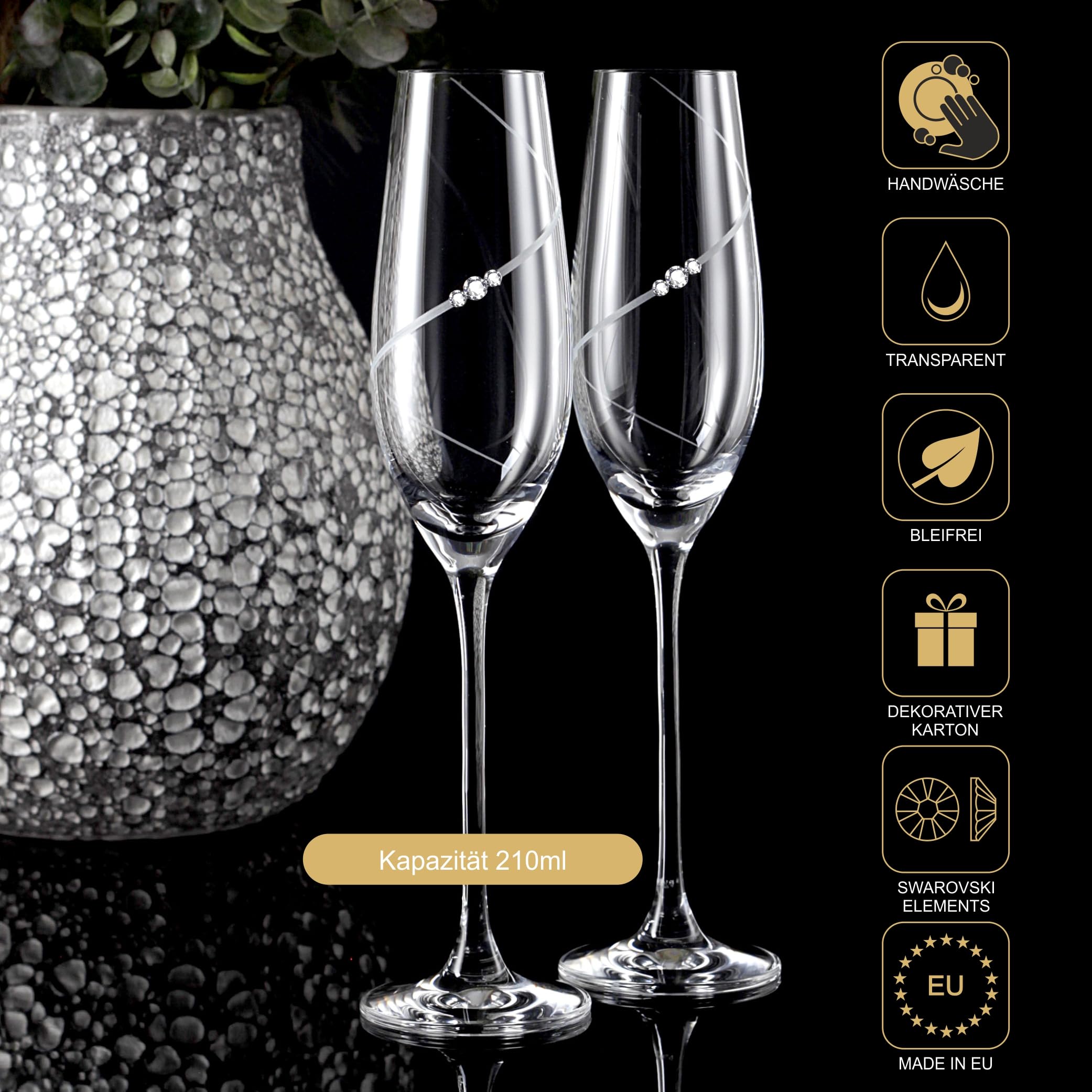Siluette Copas de champán - Juego de copas de champán con cristales premium y diseño en espiral, hechas a mano, diseño moderno para bodas y ocasiones especiales, 2 unidades, 210 ml