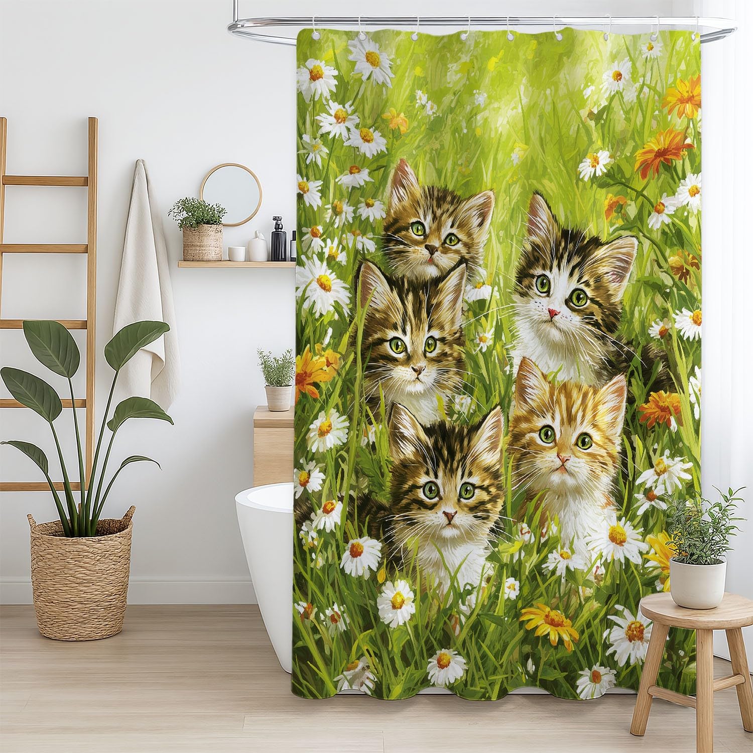 Genérico Zasłona prysznicowa 240 x 200 cm, 1 sztuka, miękka mikrofibra, wodoodporna i odporna na pleśń, zmywalna, do łazienki lub wanny, z oczkami i haczykami, zielony, wiejski kwiatowy kot