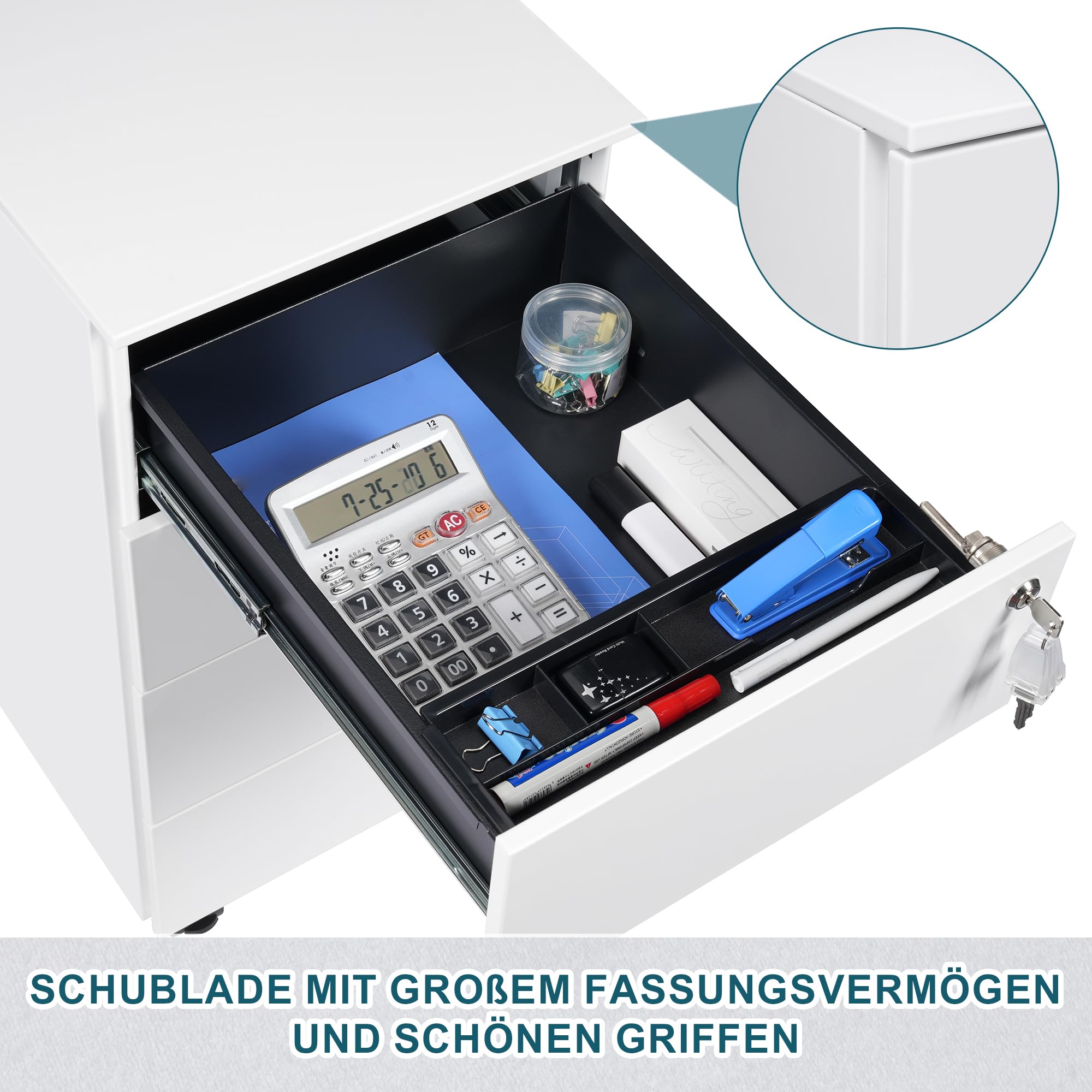 Rollcontainer mit Schubladen, Mobiler Aktenschrank unter Schreibtisch, Abschließbarer Büroschrank, Druckertisch, 4 Schubladen 4 Schlüssel, Vormontiert, Büro, Homeoffice, Weiß
