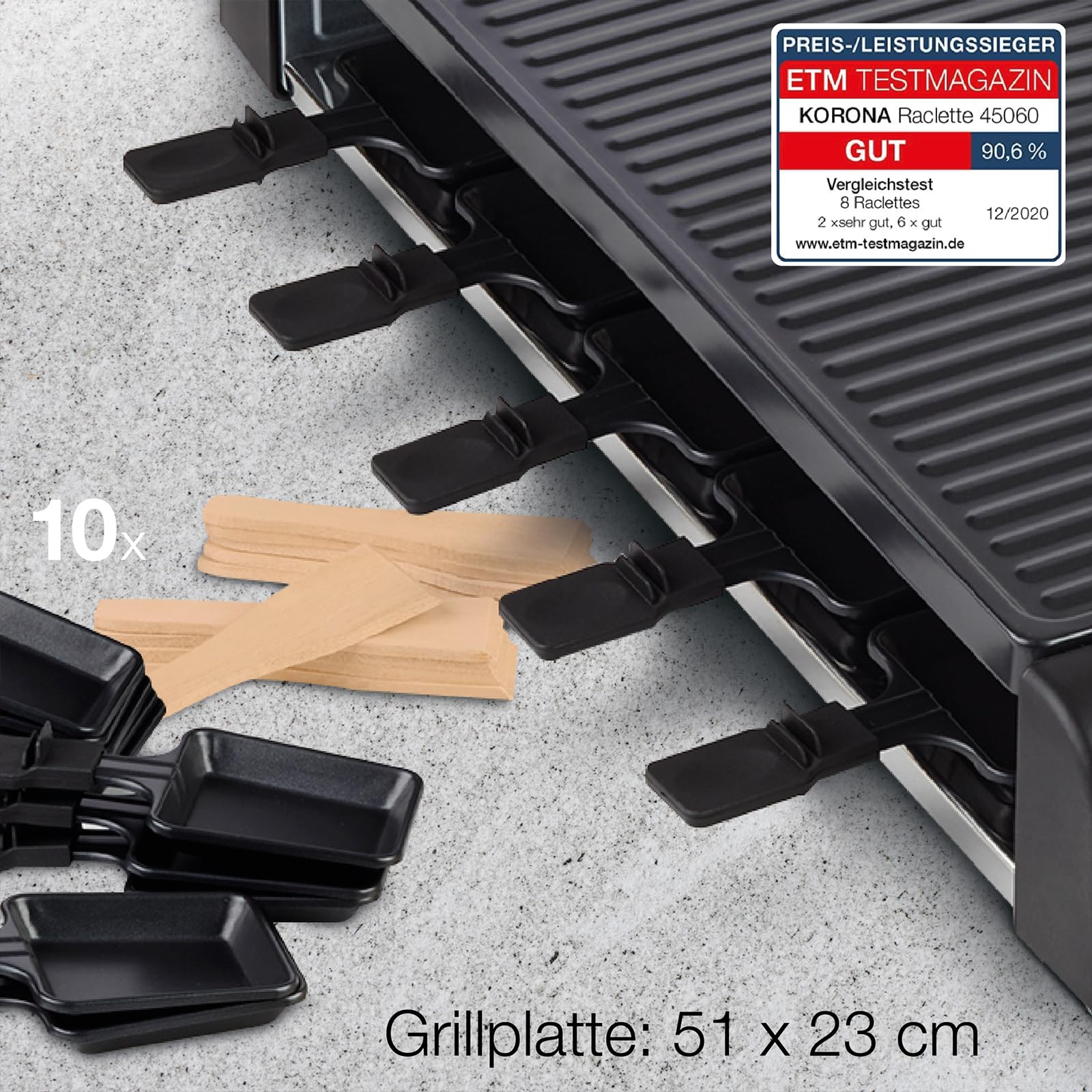 Korona 45060 Raclette per 10 persone | Raclette XXL con 10 padelle e spatole in legno | piastra antiaderente | cavo lungo 1,2 m | 1500 Watt, nero
