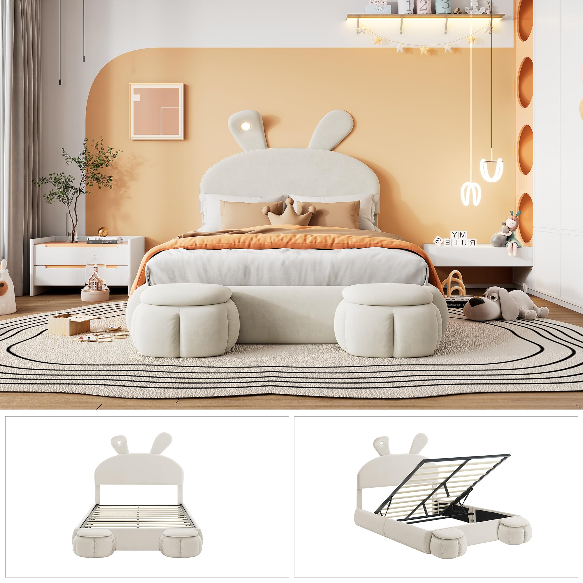 Polsterbett 140x200, Hydraulisch Stauraumbett mit 2 Aufbewahrungshockern und LED-Nachttischbeleuchtung, ausklappbare Hasenohren, LED Doppelbett mit Stauraum und Lattenrost, Samt, Beige, ohne Matratze