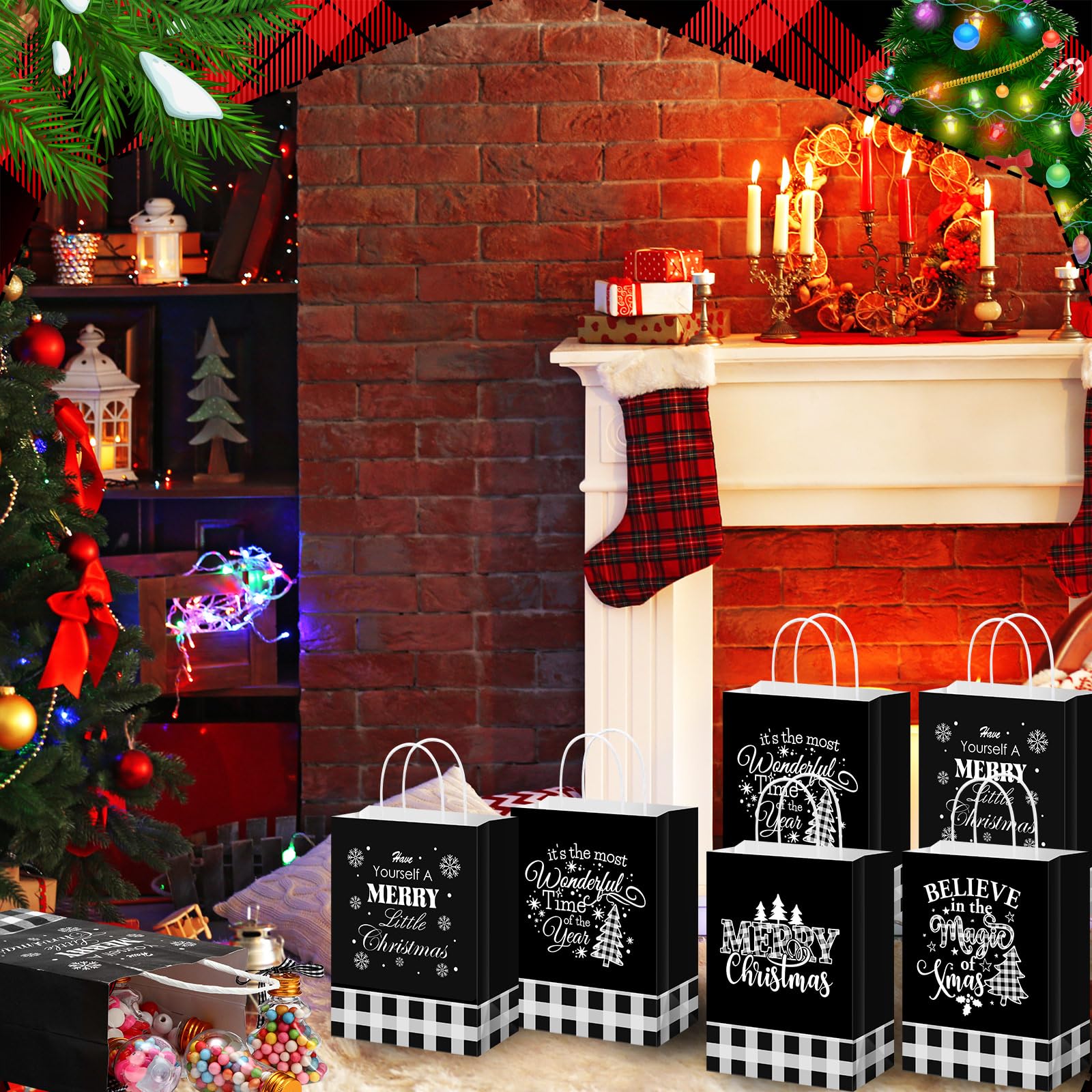 Qilery 100 Stück Weihnachts-Büffelkarierte Papier-Geschenktüten mit Griff, kariert, Partygeschenktüten für Weihnachten, Urlaub, Geschenke, Verpackung, Partyzubehör, Dekoration (schwarz und weiß)