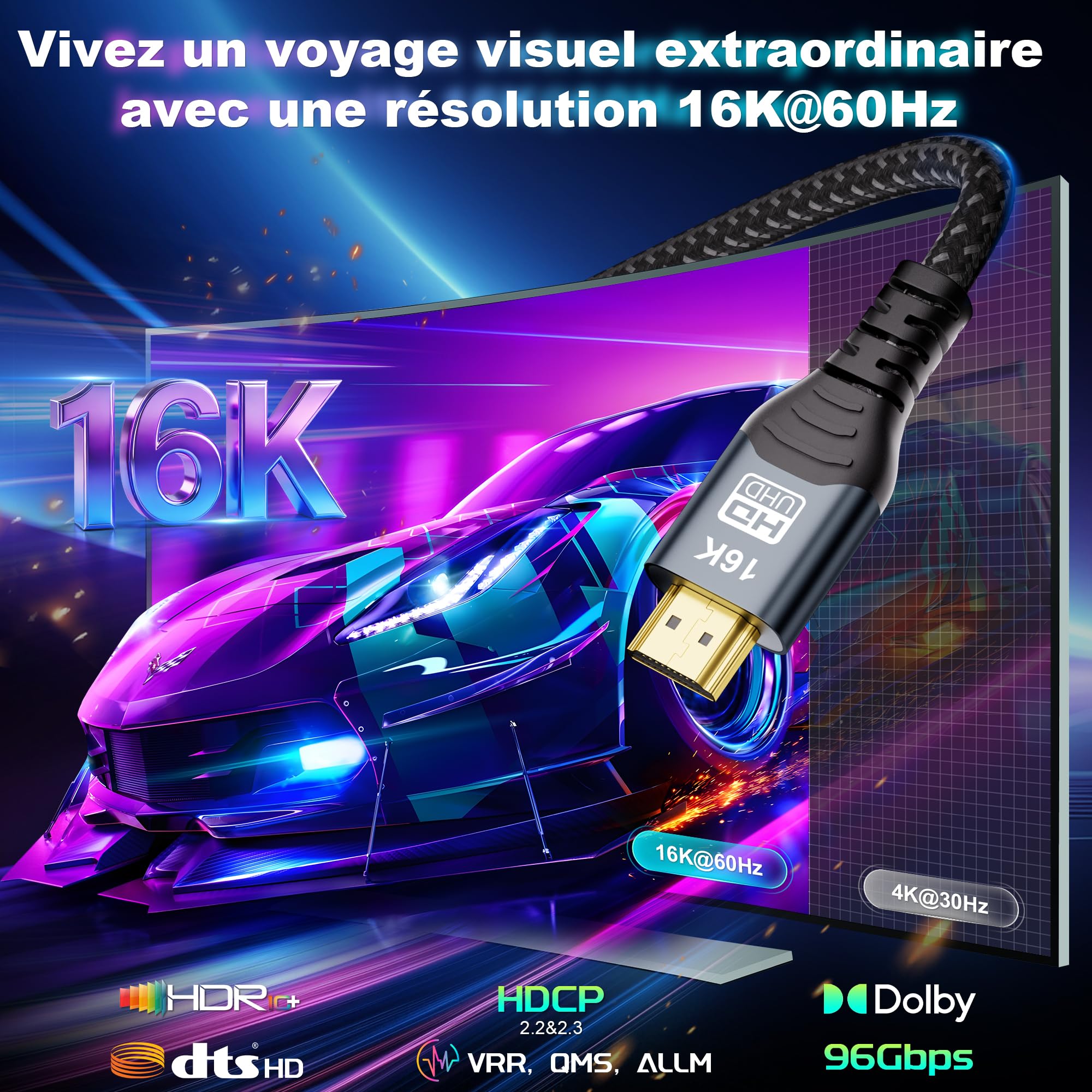 CAKOBLE Câble Prolongateur HDMI 2.2 0.5m, 96Gbps Ultra High Speed,16K@60Hz 8K@240Hz 4K@480Hz,HDMI 2.1,eARC, HDR10+, Dolby Atmos/Vision, HDCP 2.3,Mâle vers Femelle,pour TV PS5 Xbox Moniteur