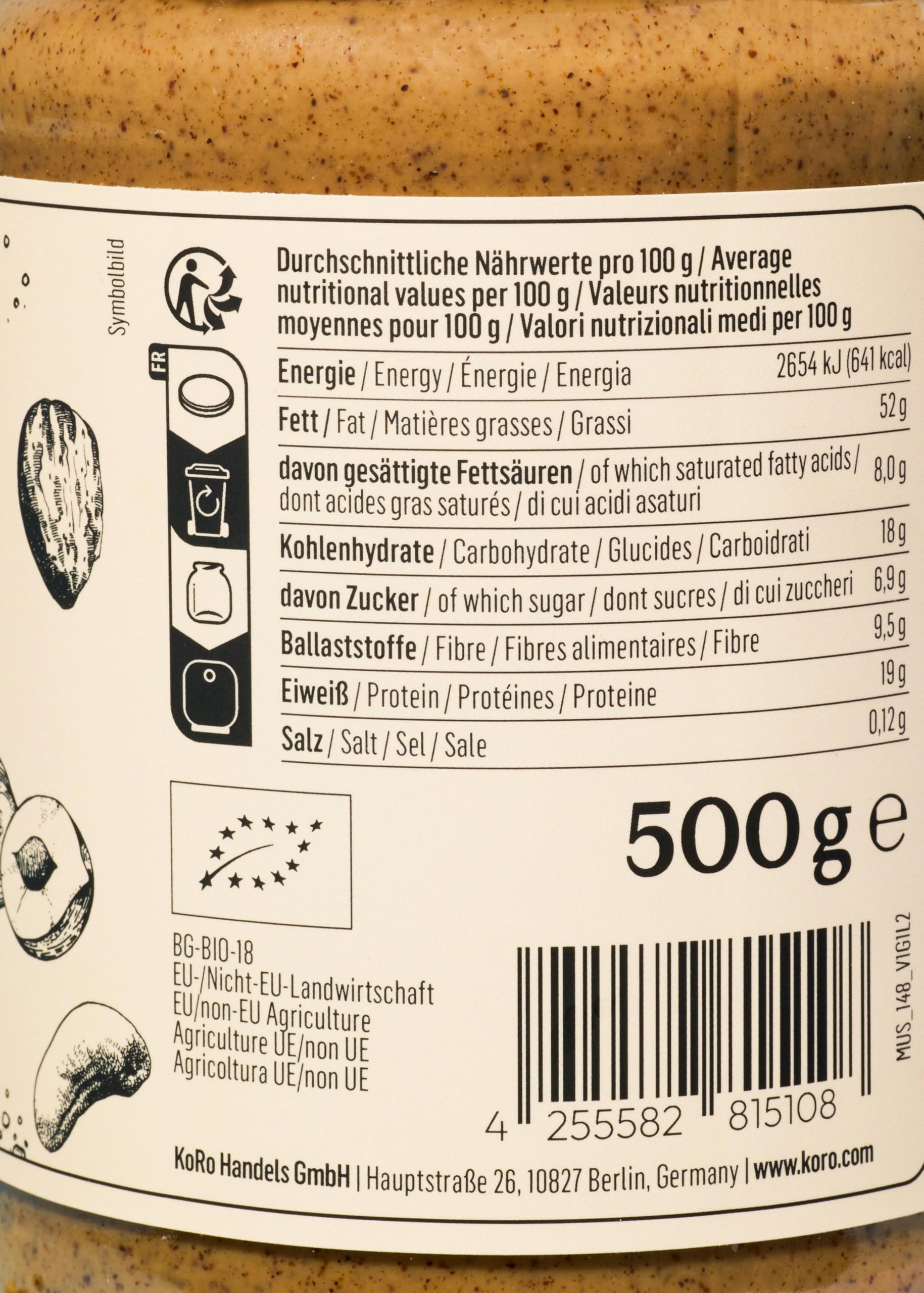 KoRo - Bio 4 Nussmus aus Cashew, Mandel, Haselnuss und Walnuss 6 x 500 g - Vegan - Ballaststoffreich - 100% Nuss - Ohne Zusätze