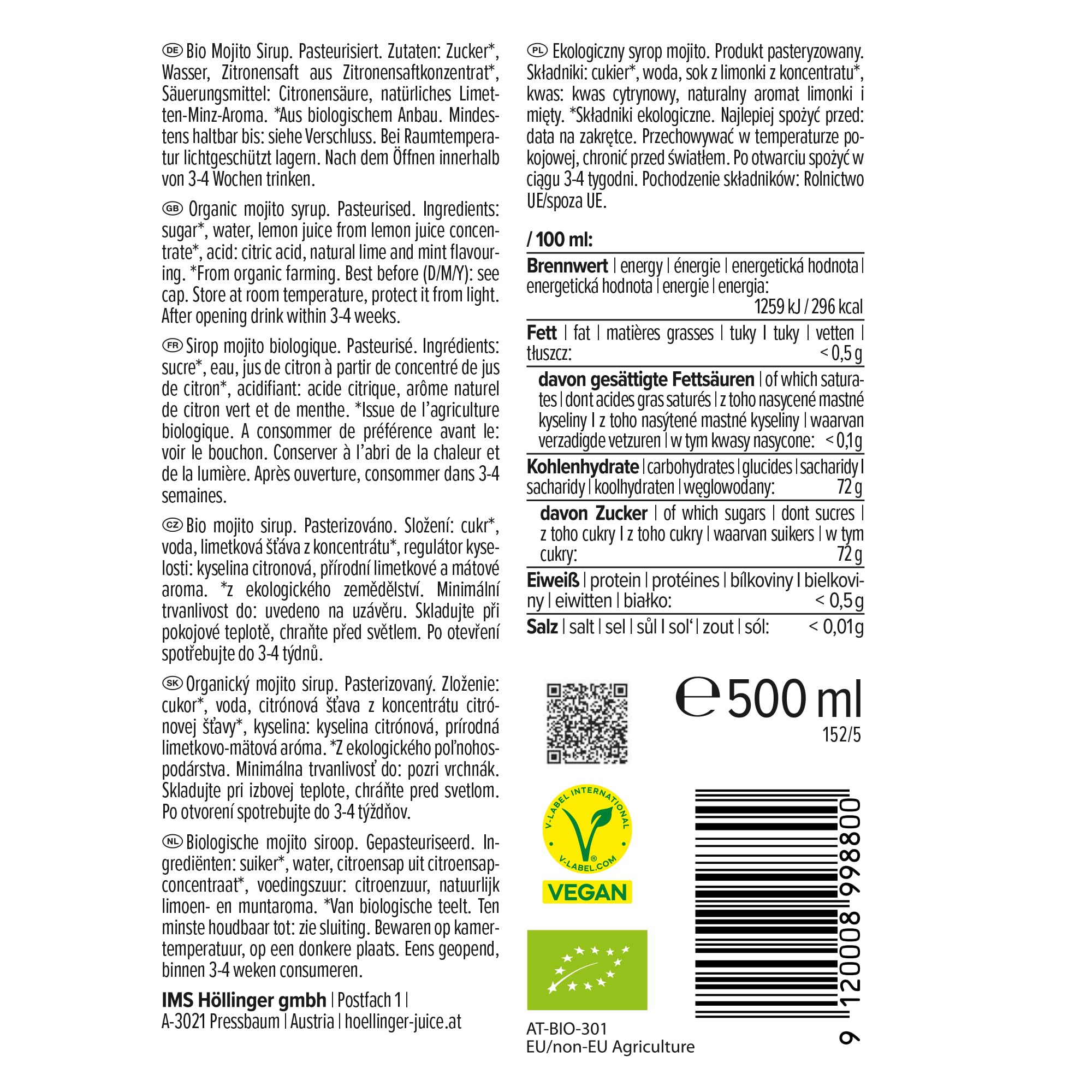 Sciroppo per cocktail biologico Höllinger Mojito - Organic Lime-Mint Syrup, Alcohol-Free, Vegan, 3x500ml Glass Bottle, Caribbean Flavor