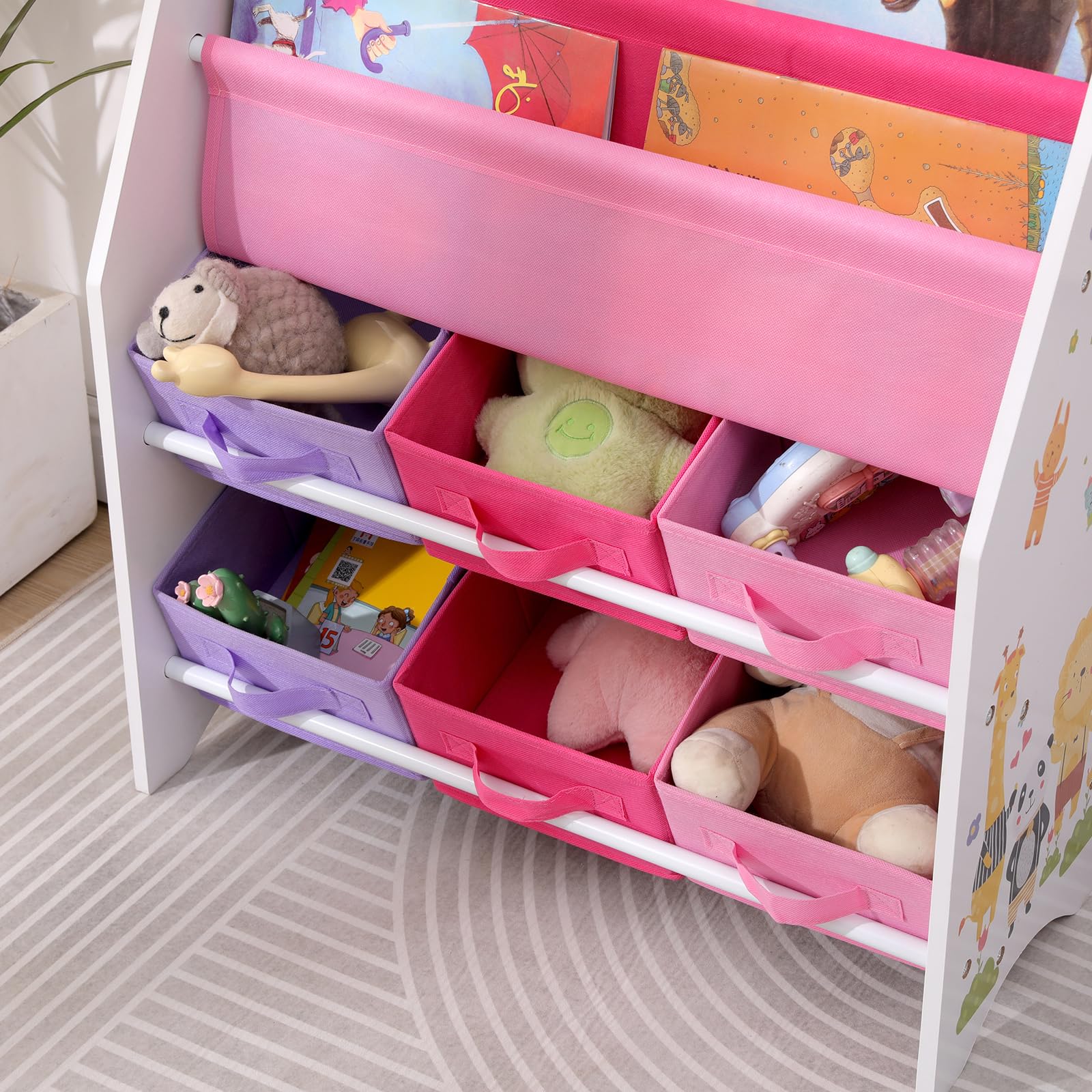 Kinder-Bücherregale, Kinder-Bücherregal-Organizer, Schlingen-Display, Bücherregal mit 6 Spielzeug-Aufbewahrungsboxen und 2 Bücherregalen, Kinder-Bücherregale für Spielzimmer, Kinderzimmer