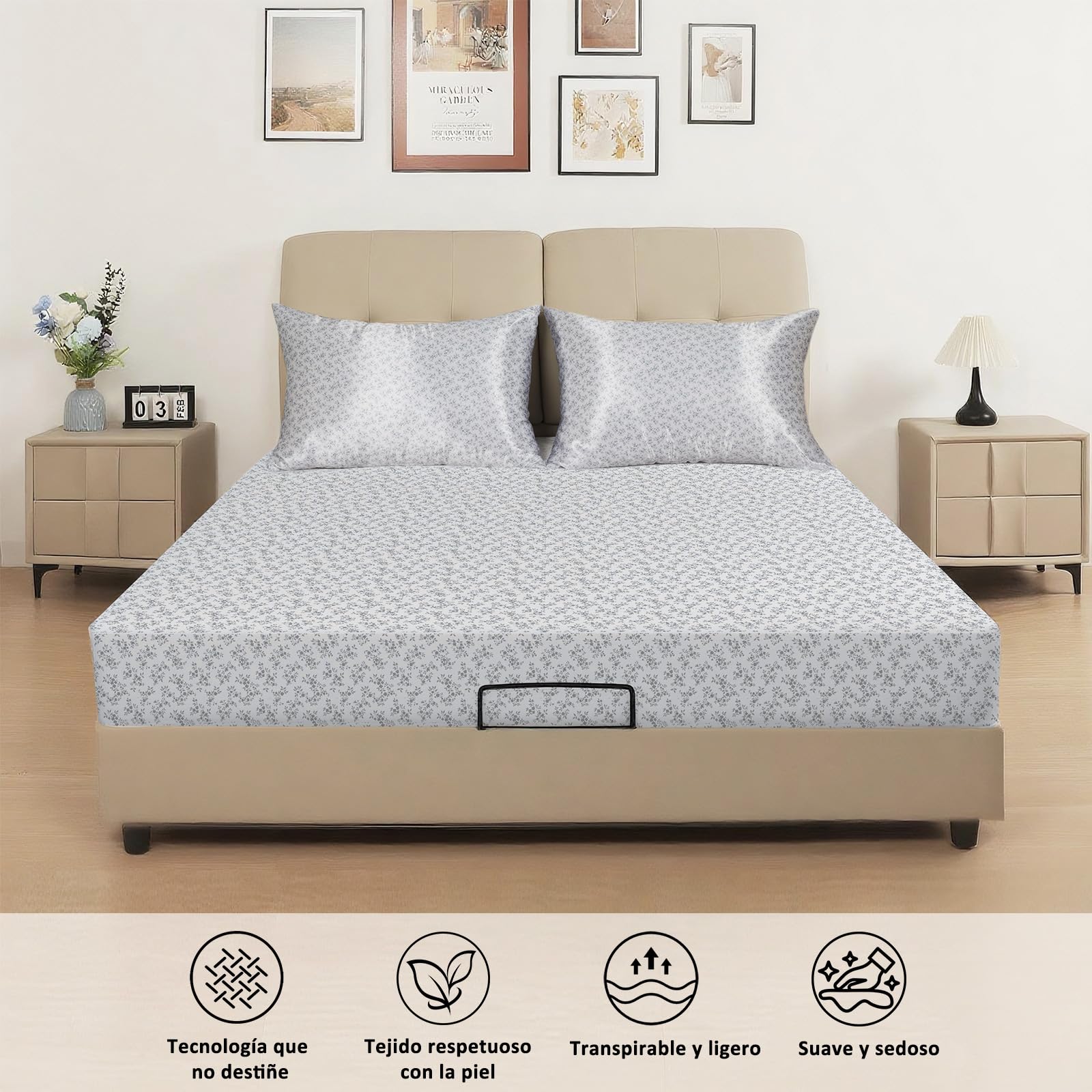 Lirex Sábana Bajera de Satén 150 x 200cm,para Colchón de hasta 35 cm de Altura, Ropa de Cama de Satén de Poliéster, Lujosa y Suave, Floral Azul Oscuro