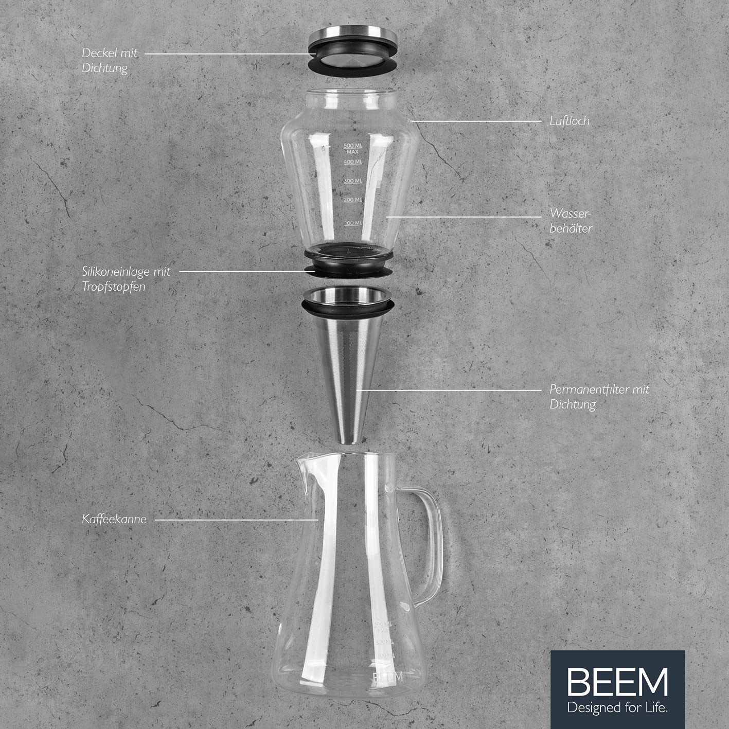 BEEM Cold Drip 03075 - Cafetera para cafetera de cristal de borosilicato de 0,5 l, acero inoxidable, transparente, 14 x 12,5 x 33,4 cm