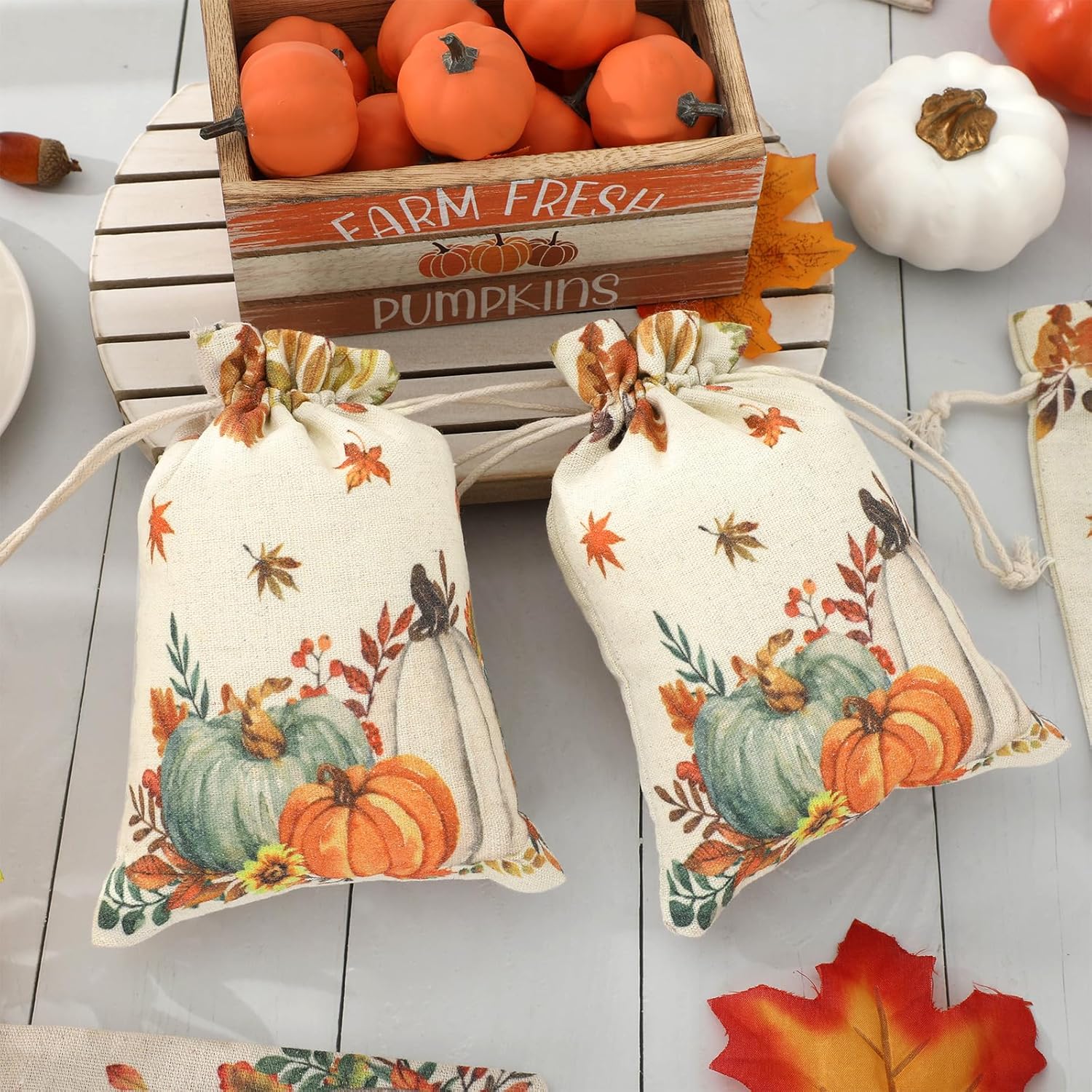 FYSUIMU 24 Pack Fall Burlap Bags Watercolor Leaves Pumpkin Gift Bags Orange White Linen Treat Goody Bag with Drawstring for Autumn Thanksgiving Party Favors - Image 5
