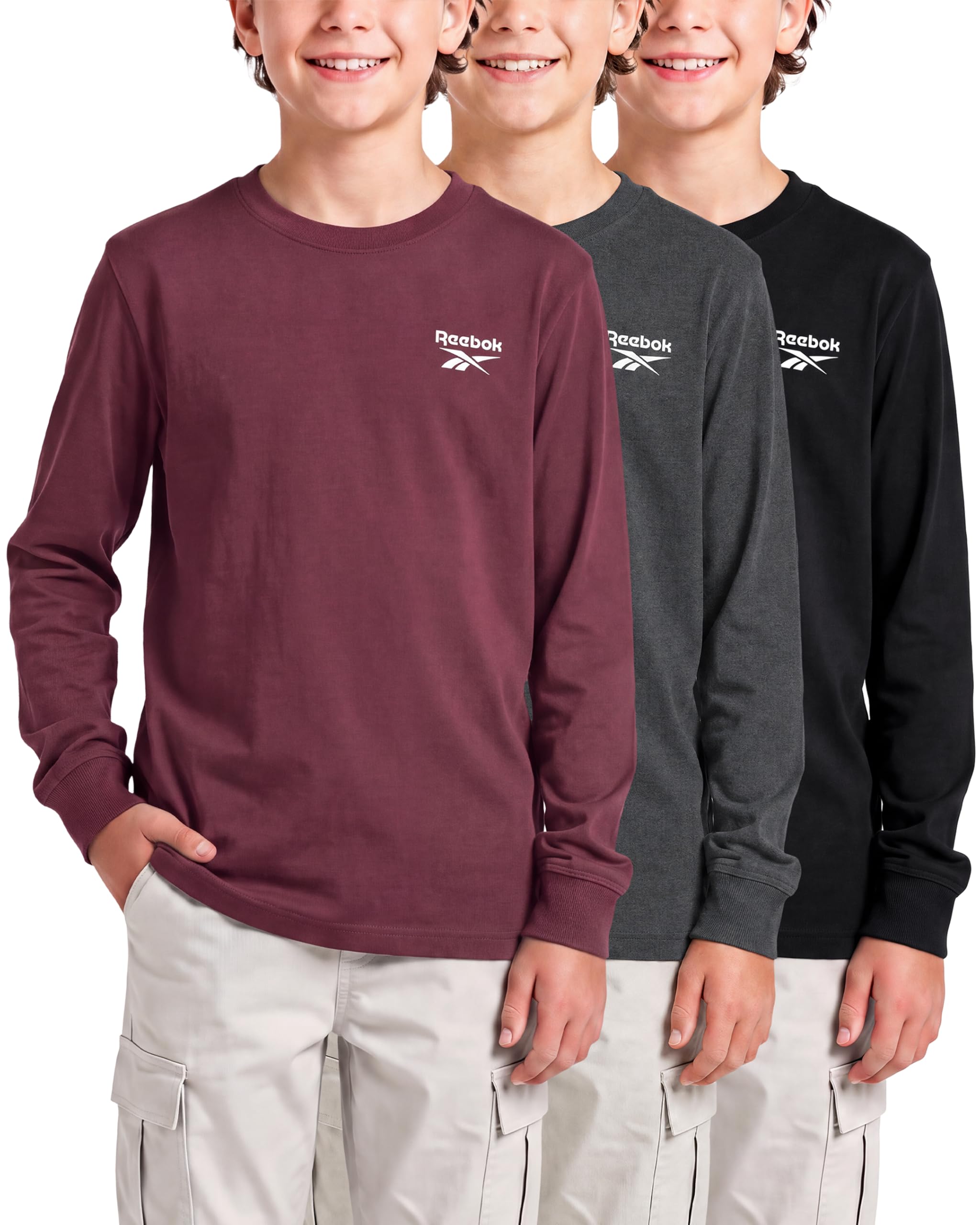 Reebok 3 Pack Boys Long Sleeve Athletic Shirts Tshirts Tees Cotton Kids Youth Teen