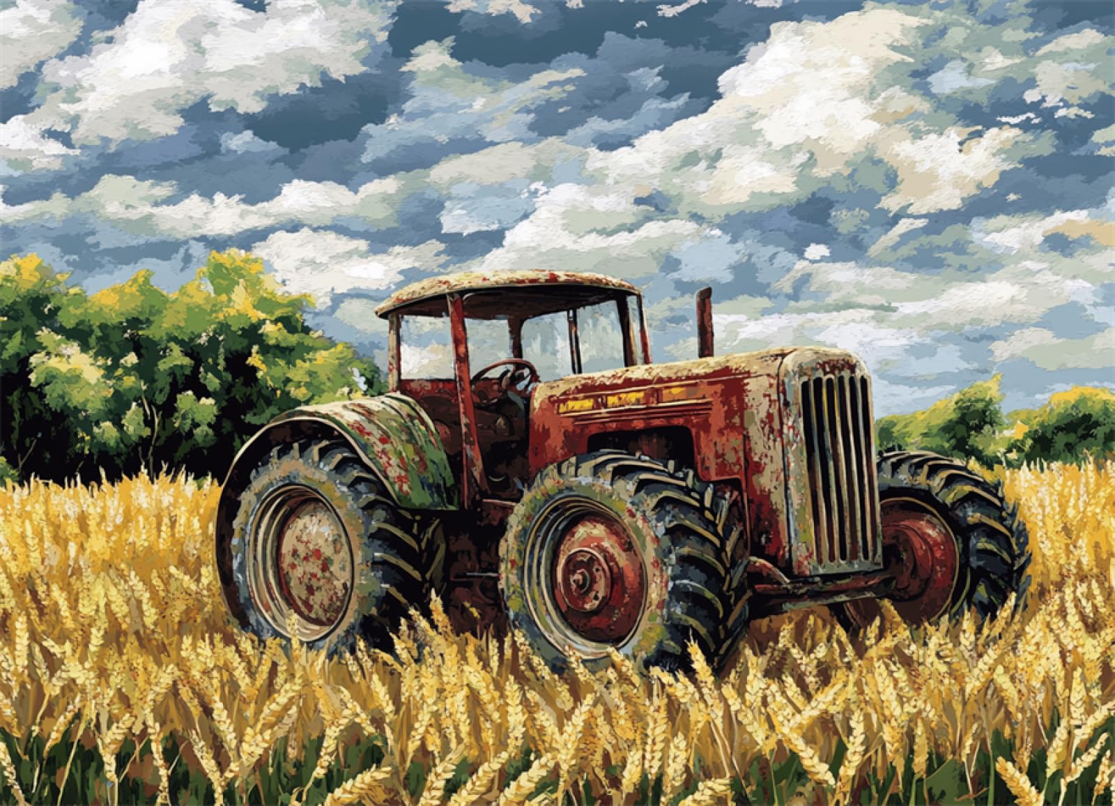 Wallphantom Weizenfeldlandschaft Knüpfteppich-Sets Für Anfänger,Retro-Traktor,Diy-Teppichbasteln Mit Farbig Bedruckter Leinwand,Häkel- Und Stickset,Heimdeko,60x90cm