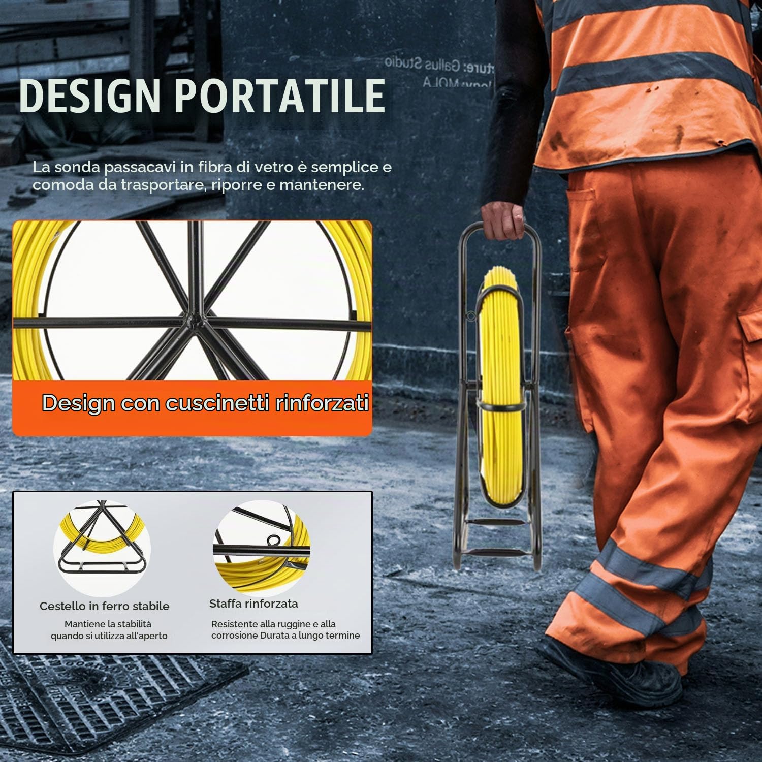 Sonda Passacavi in Fibra di Vetro 100M Ø 6mm, Cavo di Filo In Fibra di Vetro con Supporto in Metallo Estrattore a Nastro per Cavo Elettrico, Estrattore Cavi Per Cavi Elettricista in Fiberglass