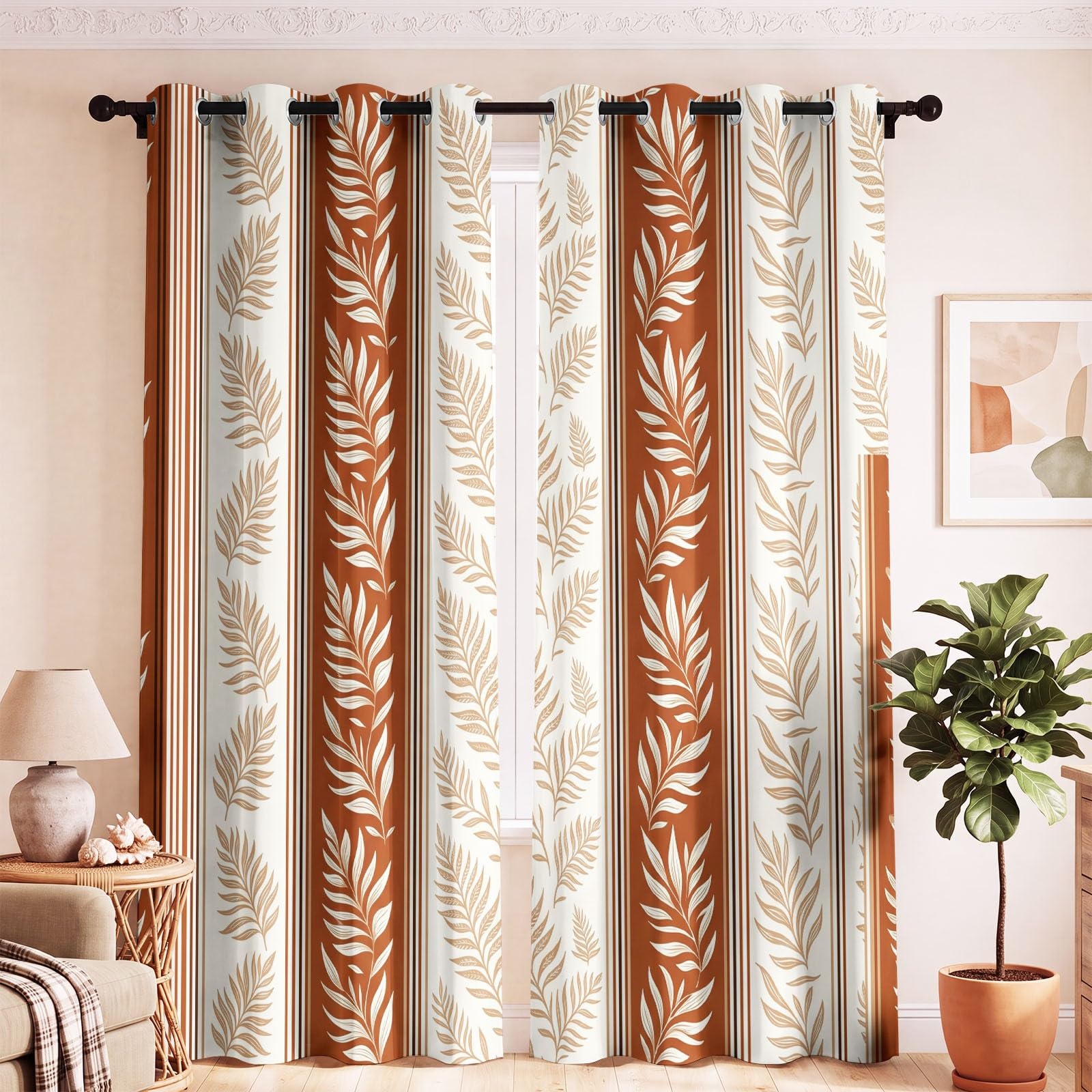 Rideau Occultant, Motif Feuille Botanique - Rideaux Thermiques Moderne Naturel pour Salon Chambre Fenetre, Lot de 2 Rideaux et Draperies Intérieurs à Oeillets, 132 x 214 CM