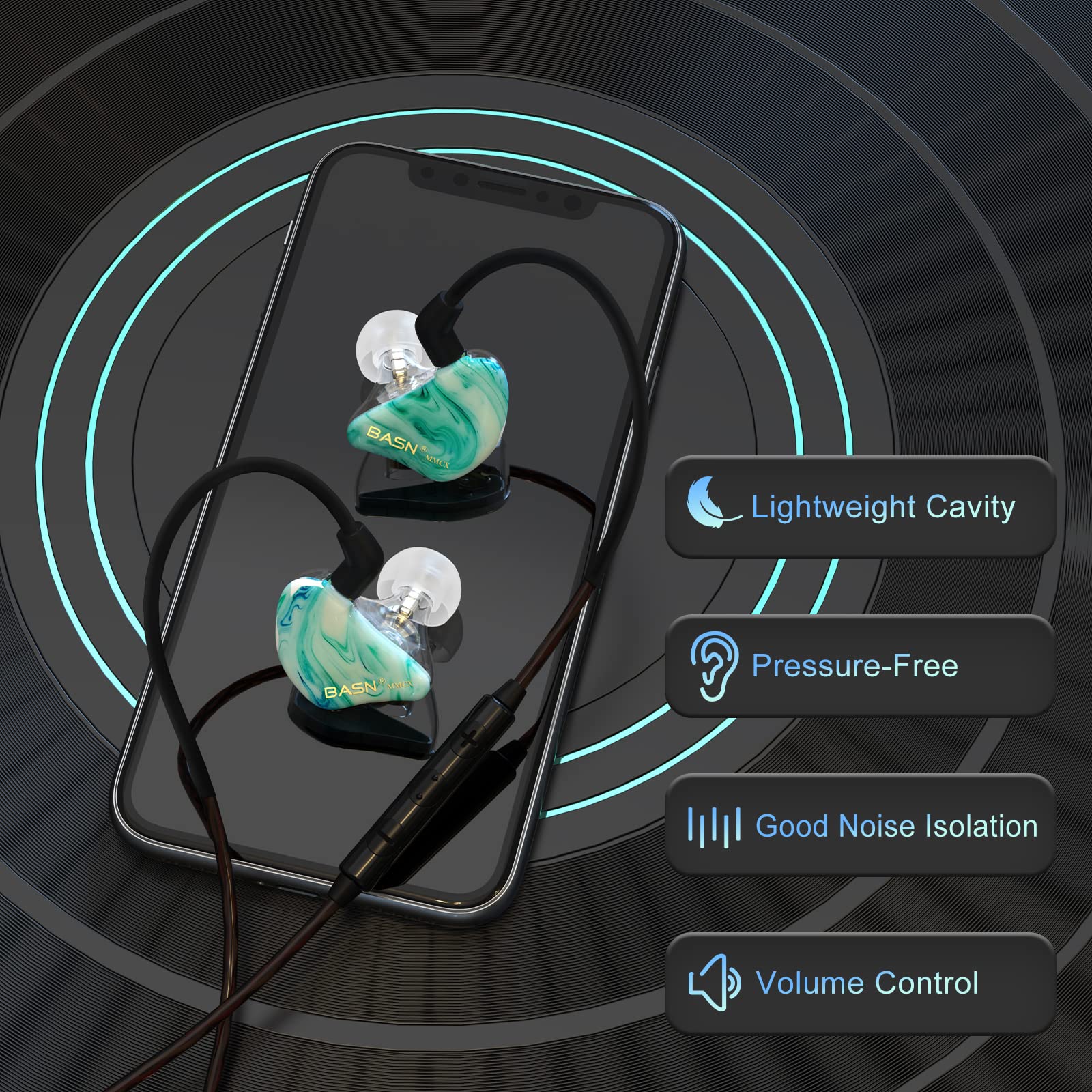 BASN MMCX - Auricolari in-ear con monitor IEM, a triplo driver, per musicisti e batteristi, isolamento acustico, auricolari stereo HiFi con due cavi staccabili (bianco bluastro)