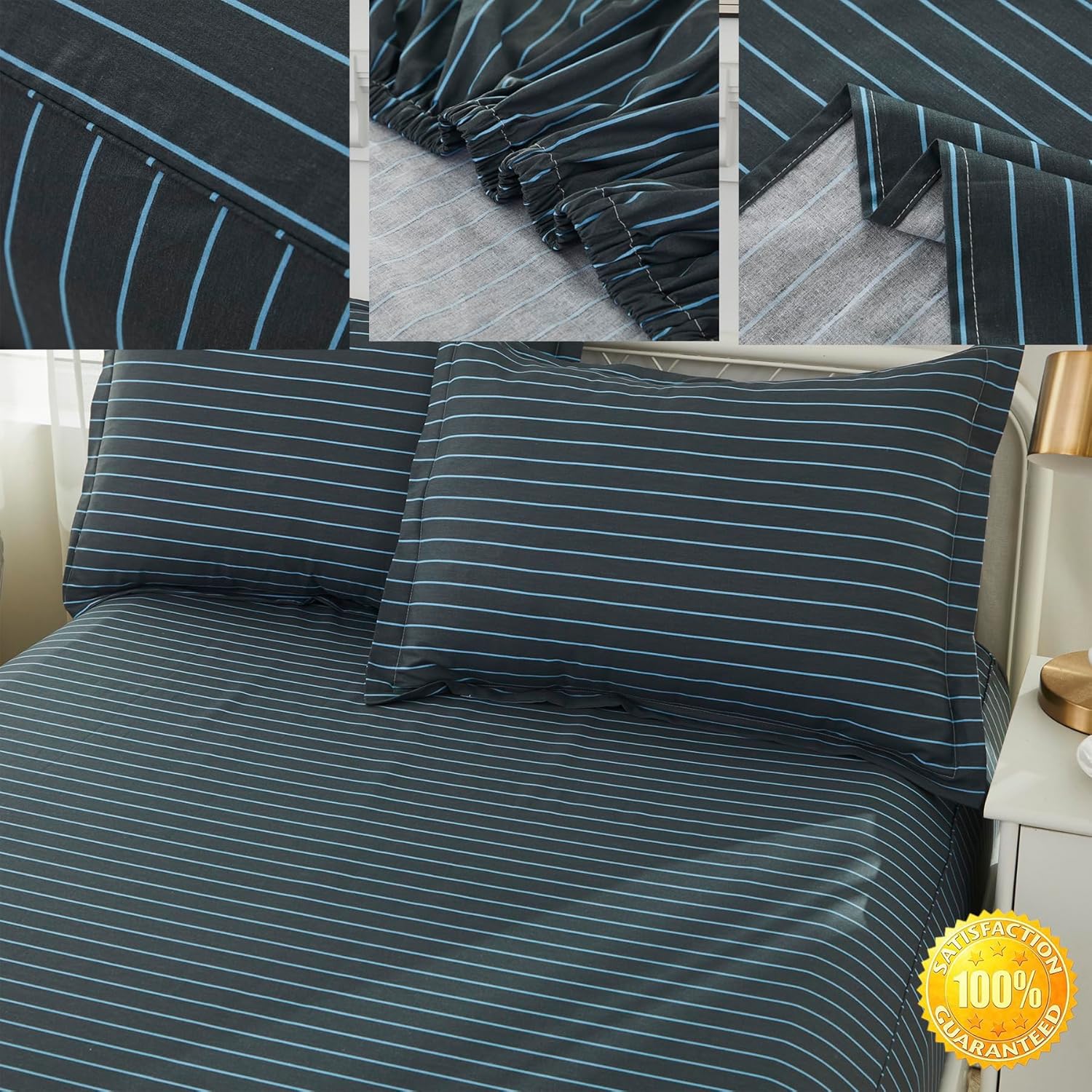 Brandream Kid's Sheet Set Twin Size 100% Cotton 3pcs Print Reversible Striped Boys Bedding Sheet Pillow Cover Set Teen Children Bedroom Set Soft and Breathable (Grey)