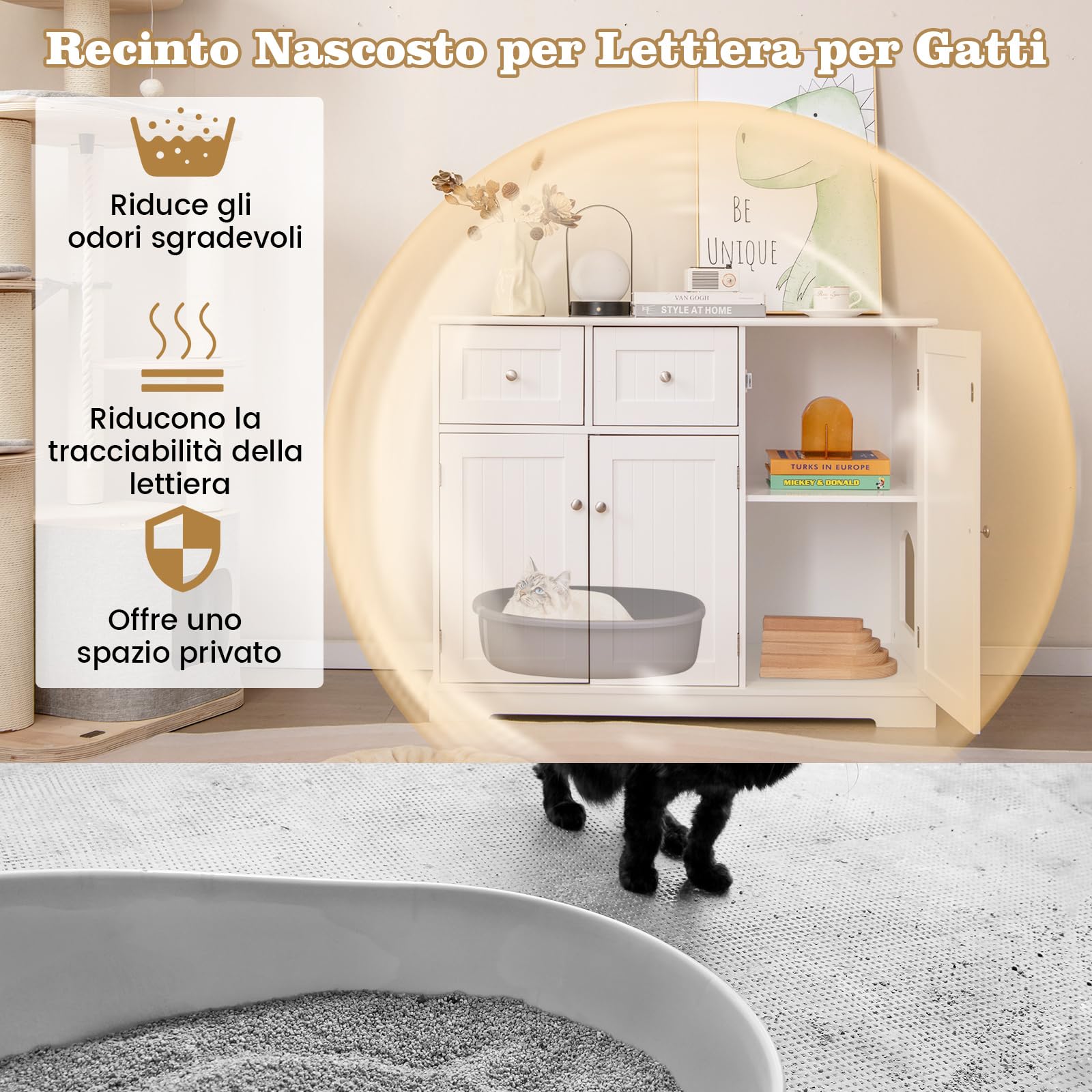 COSTWAY Lettiera Nascosto per Gatti con 2 Cassetti e 3 Porte, Bianco | Mobile Laterale per Gatti con Dispositivi Anti-Ribaltamento e Armadio Moderno per Animali Domestici
