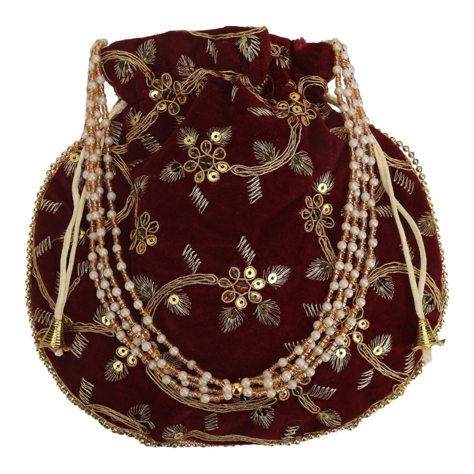 Craft Trade Women's Cotton Embroidered Potli Bag with Drawstring and Pearl Handle Pouch Golden Work Ladies Purse for Bridal