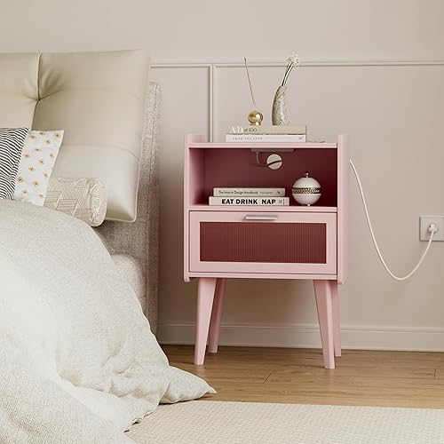 Miniatura 6 de Mesita de noche con estación de carga, mesitas de noche mesa auxiliar rosa con espacio de almacenamiento de 2 niveles, para dormitorio, sala de