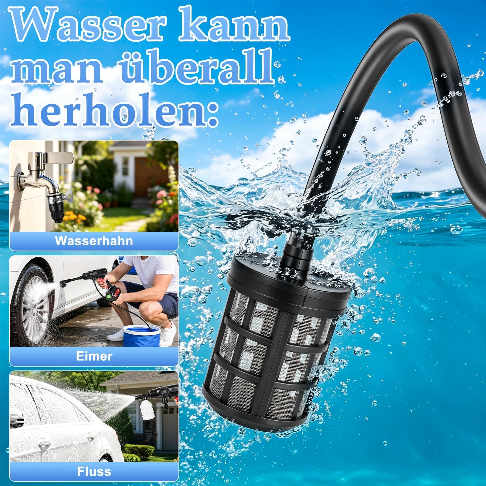 Akku-Hochdruckreiniger 80 Bar, 240L/h, 2x3.0Ah – kabellos, 6-in-1 Düse, Schaumflasche, 5m Schlauch, 10m Strahlweite – Akku Druckreiniger für Auto, Fahrrad, Terrasse & Garten.