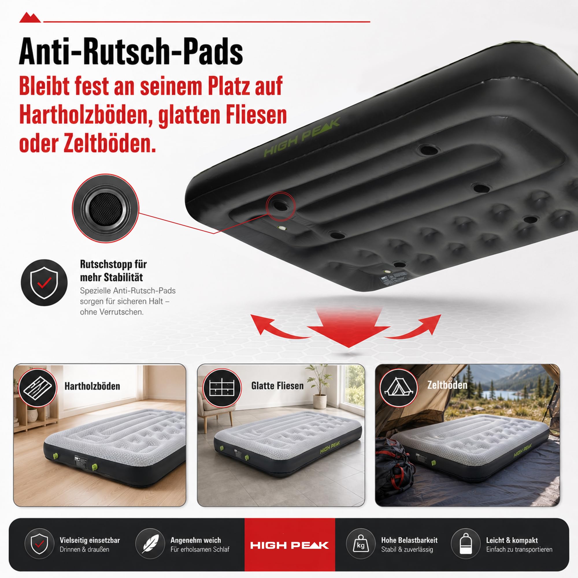 High Peak Luftbett 2 Personen mit integrierten Pumpen und Doppelkammer | Anti-Rutsch-Pads, Doppelventil, Dual-Zonen-Liegefläche, pflegeleicht, 198x137x22cm, bis 250kg, für Zelt, Zuhause, Reisen