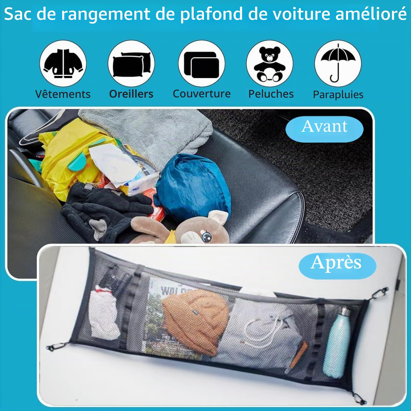Filet de Rangement de Voiture pour Toit d'installation VW T5 T6, Élastique Filet de Rangement de Poche Oganizer de Rangement pour Camping Car avec 4 Crochets