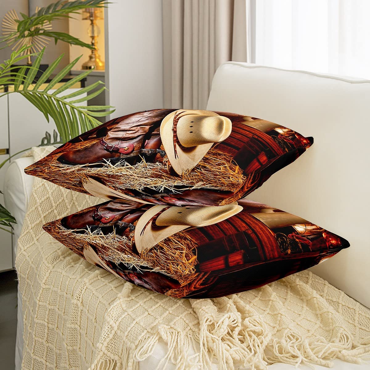 Western Pillow Covers Set Of 2 - Vintage Cowboy Horse Cactus Print, 24x24 Inch, Zipper Closure