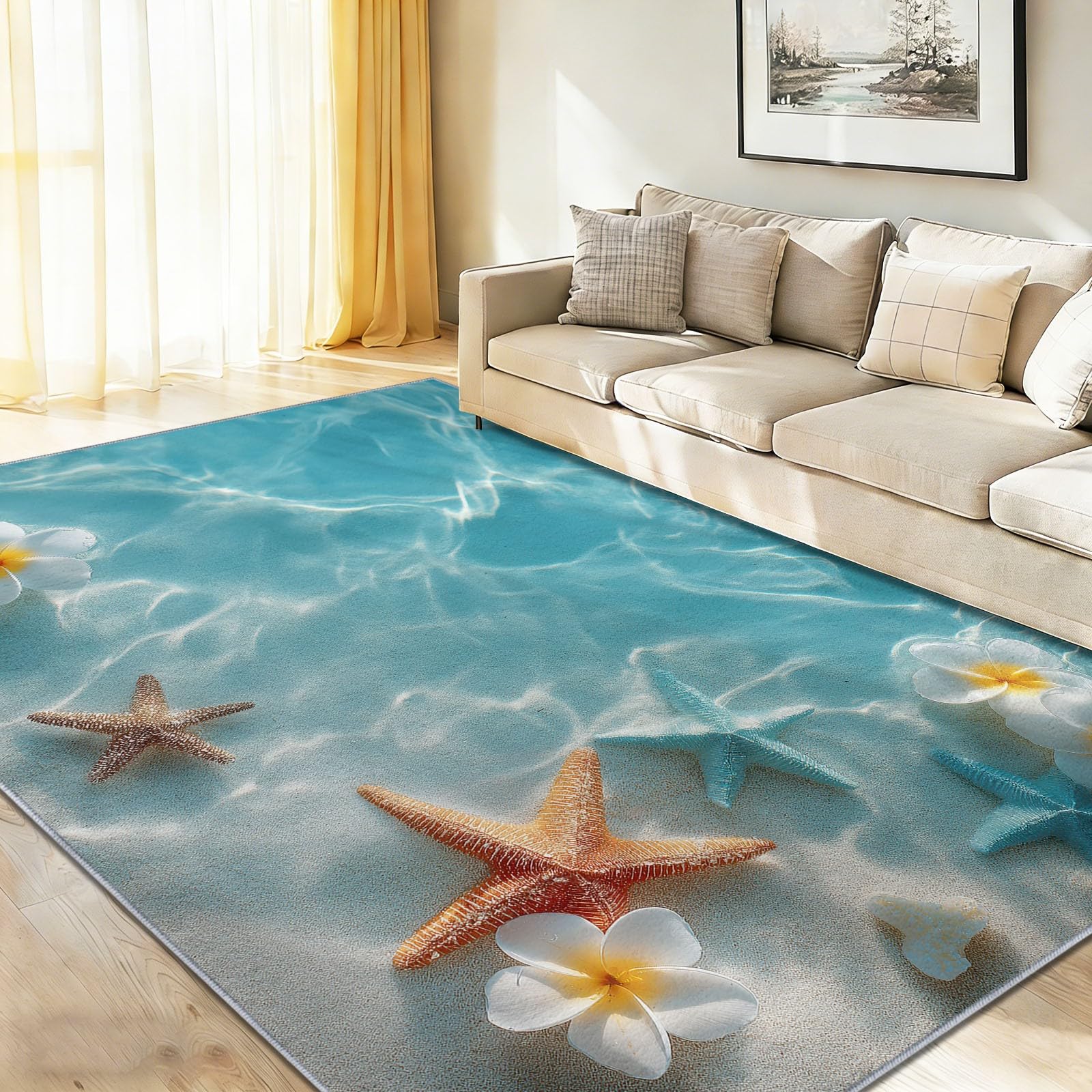 Tapis de salon lavable 120x180 cm bleu à motif marin et frangipanier