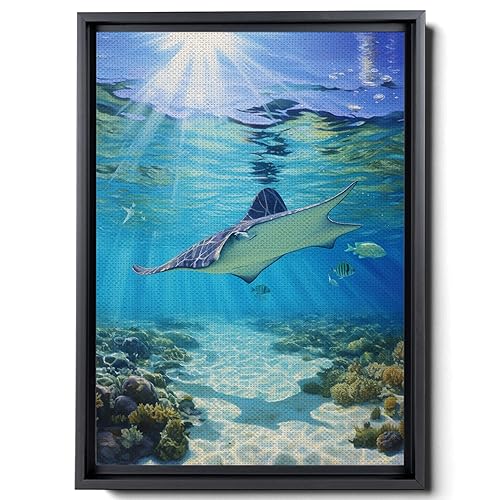 Nautical Print on Canvas for Wall Decor, Ocean Fish Manta Ray Canvas Wall Art, Beach Print for Wall Hang, Turquoise Coastal Pictures Wall Decor,