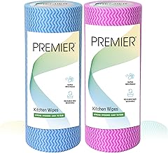 Premier Non-Woven Kitchen Wipes Roll - 1 Ply, 80 Pulls per Roll, 21cms x 21cms| Pack of 2 | Multi-Purpose, Super Absorbent, Lint-Free Cleaning Wipes | Reusable & Durable | Multi-Color