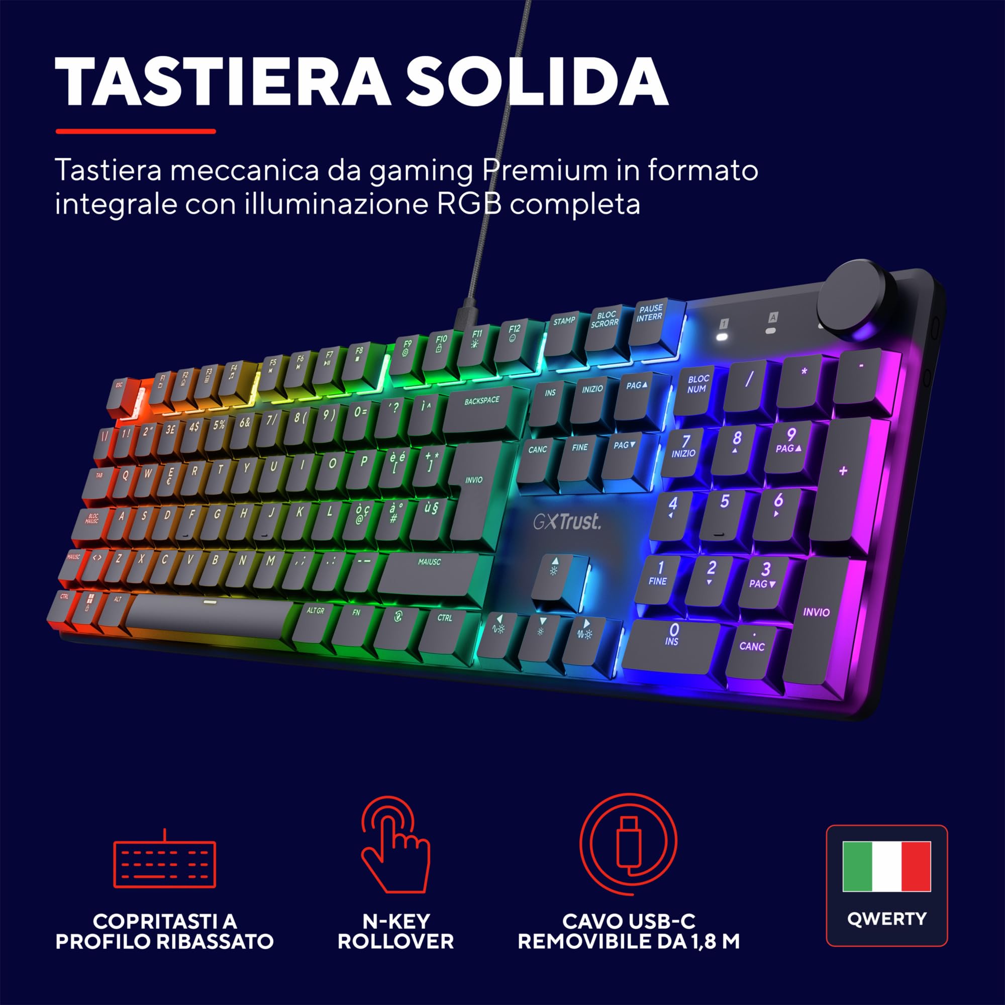 GXTrust 866 Torix Tastiera Meccanica Layout Italiano QWERTY, Interruttori Huano Lineari, Illuminazione RGB, Anti-Ghosting N-Key Rollover USB Tastiera Gaming Programmabile PC Laptop - Nero