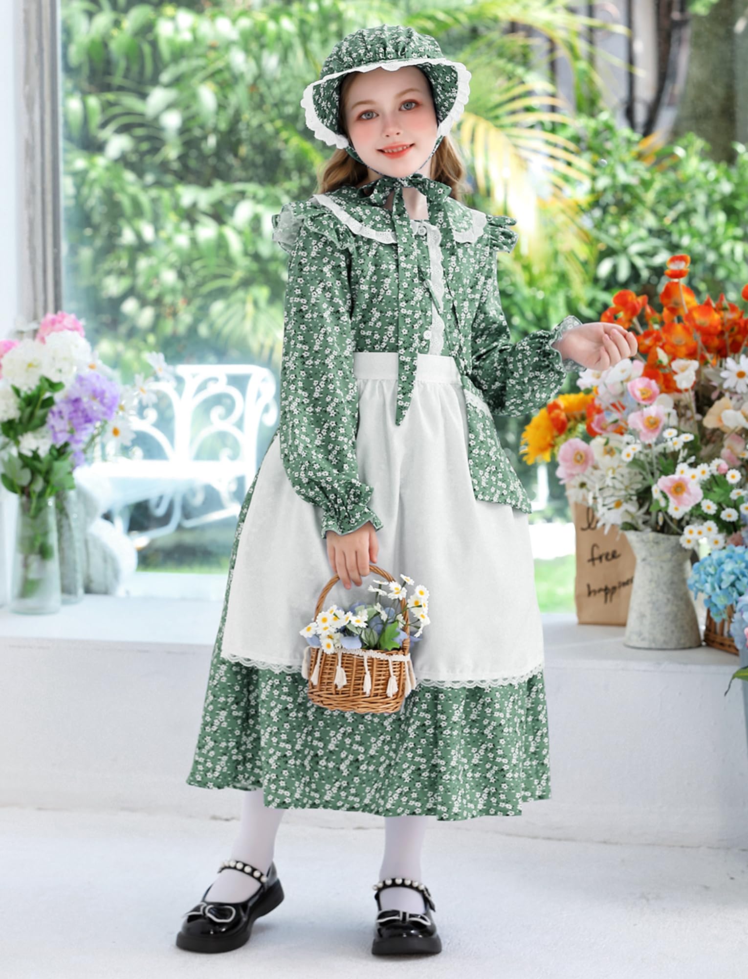 NEAWEALY Kids Victorian Maid Dress Girl Pioneer Colonial Outfit Prairie Dress Halloween Maid Costume Green 9-10Y - Image 4