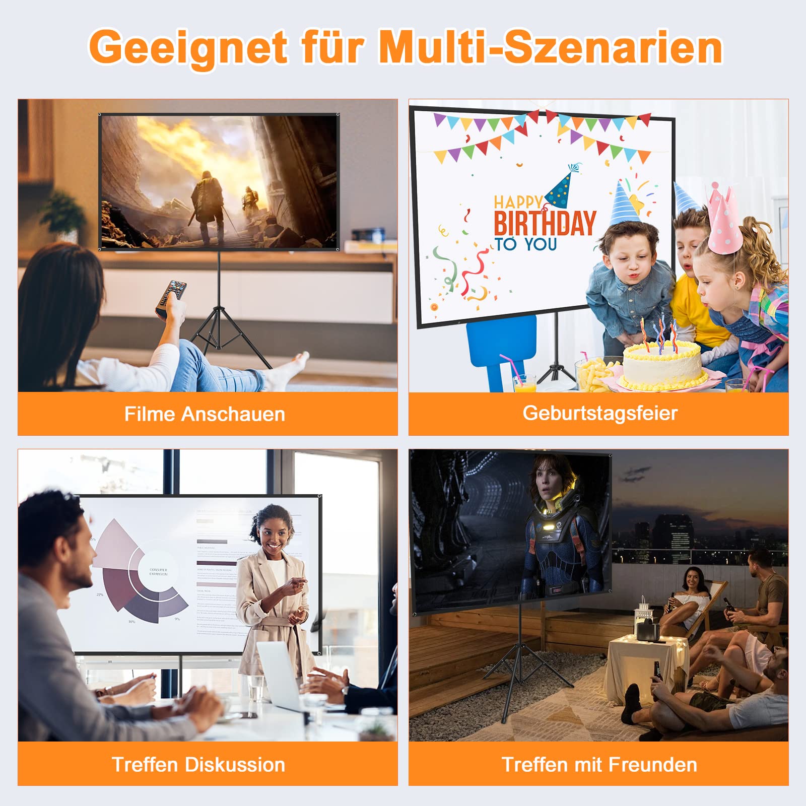 VISULAPEX 80" Leinwand Beamer, 4K HD 16:9 Beamer Leinwand Tragbar Projector Screen, Leicht und Kompakt, Ideal für Heimkino, Camping und Freizeitveranstaltungen