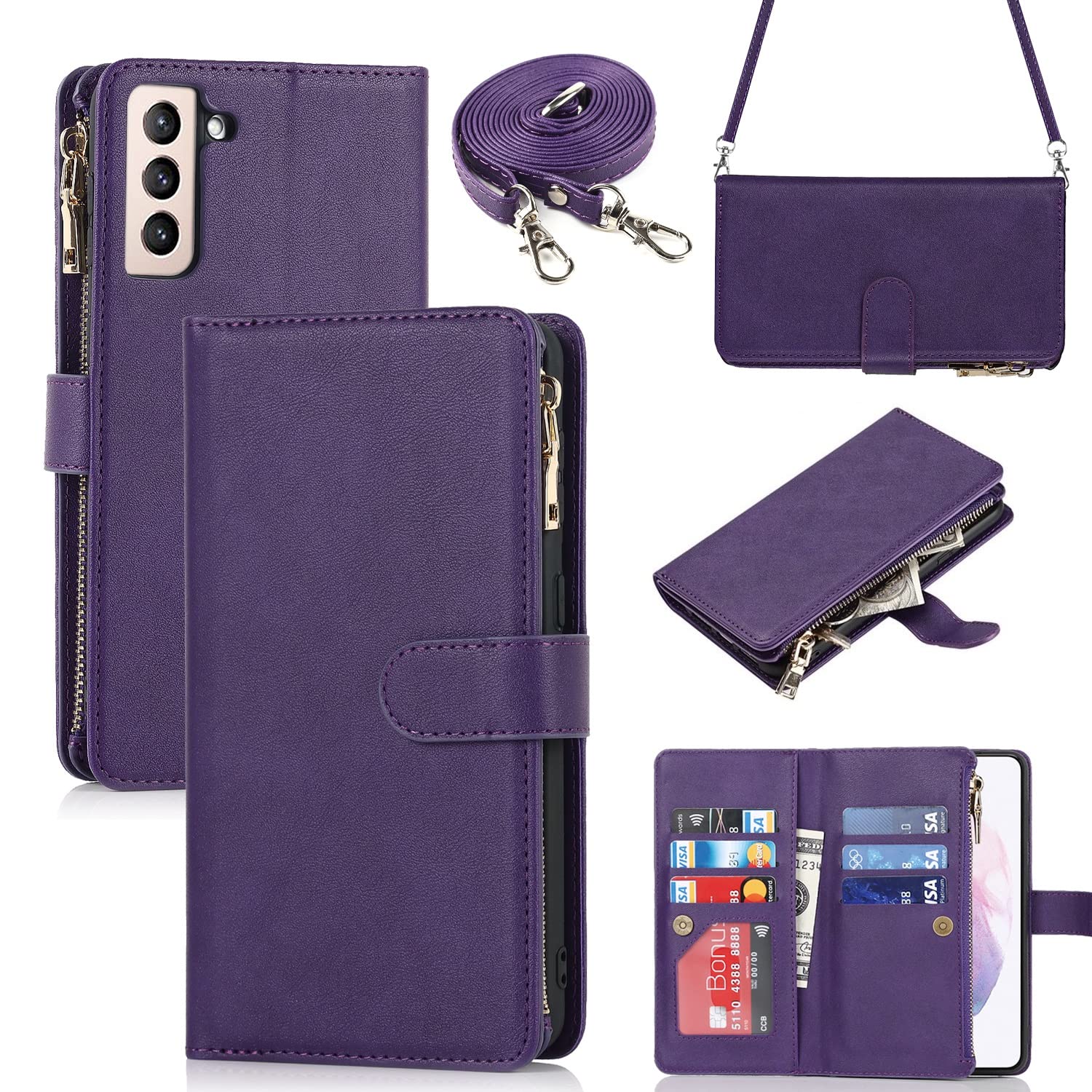 iCoverCase for Samsung Galaxy S21 Wallet Case with Card Holder, Kickstand Feature PU Leather Case with Adjustable Crossbody Lanyard Magnetic Clasp