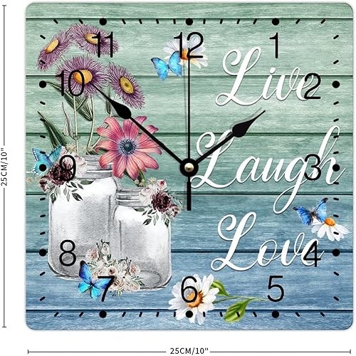 Miniatura 2 de Reloj de pared de PVC Live Laugh Love, reloj de pared con margaritas blancas, mariposa floral de 10 pulgadas, cuadrado, silencioso, sin tictac,