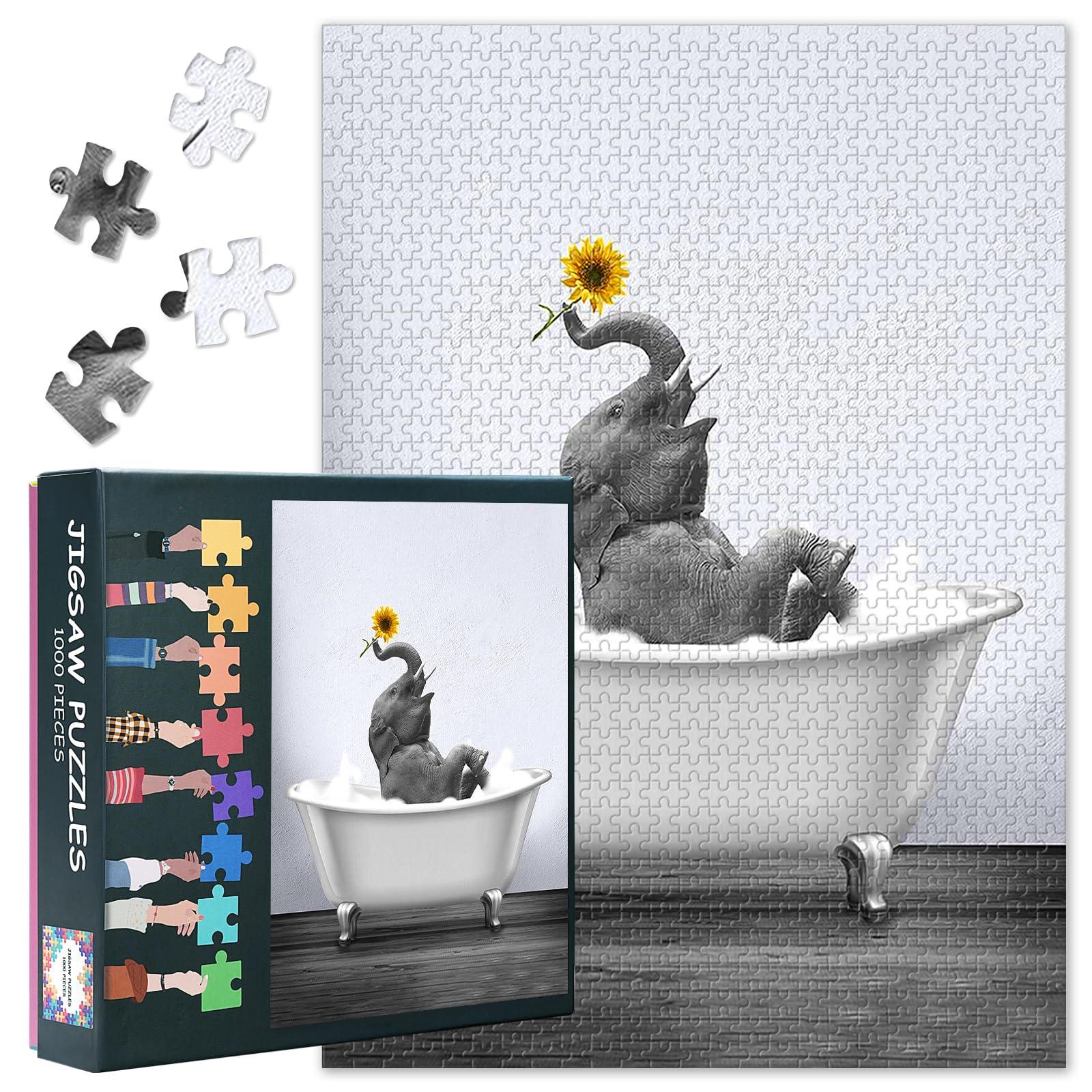 Black and White Art Jigsaw Puzzles UK - Funny Animal Elephant with Yellow Sunflower in Bathtub 50x70cm Collectors Edition Puzzle, Challenging Parlour Games for Adults & Families