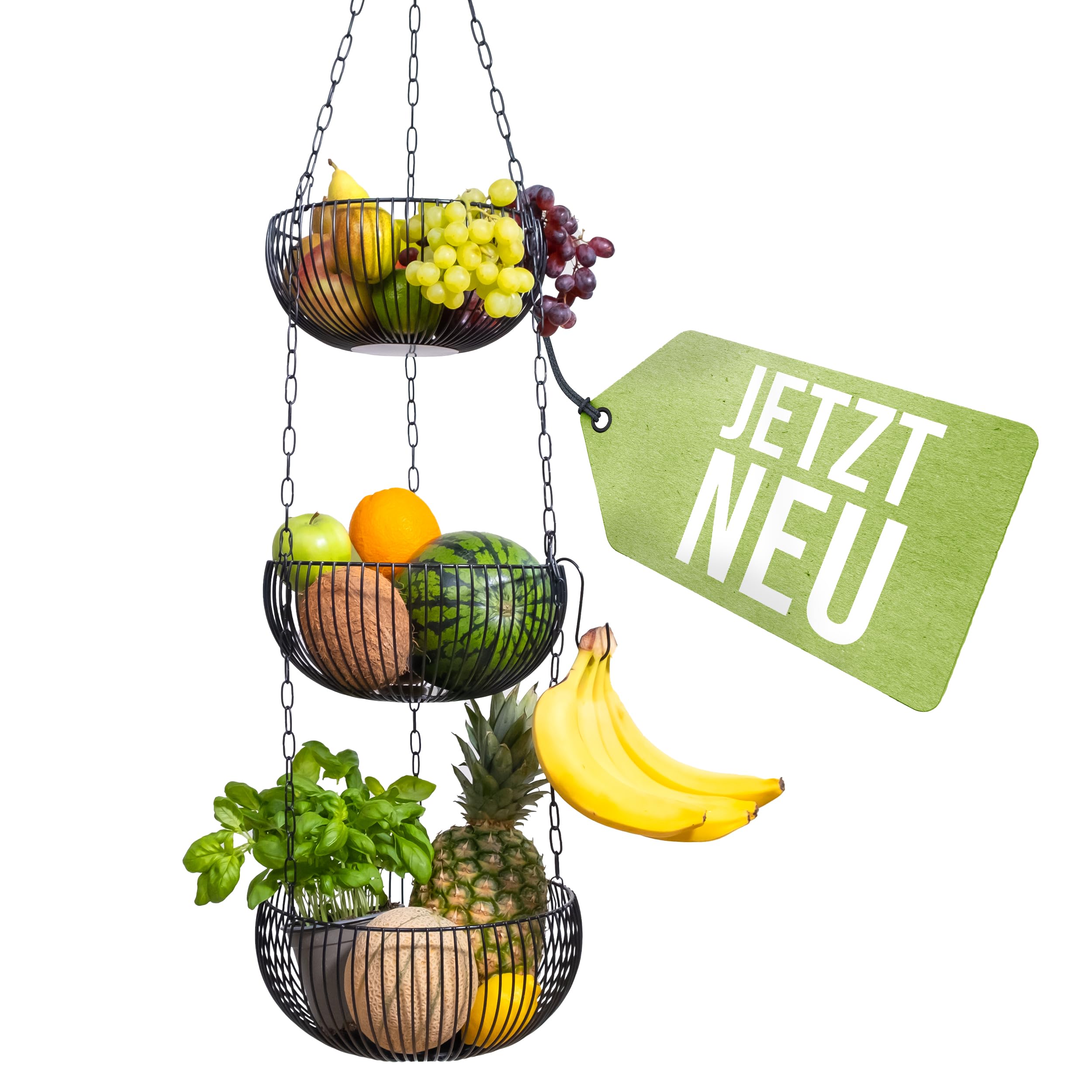 BS Obstkorb hängend – hochwertiger Hängekorb im modernen Stil Aufbewahrung Obst und Gemüse – Obstschale – Kräuterampel – Etagere – Brotkorb – Deko für Küche Haushalt inkl 2 Haken (Farbe: Schwarz)