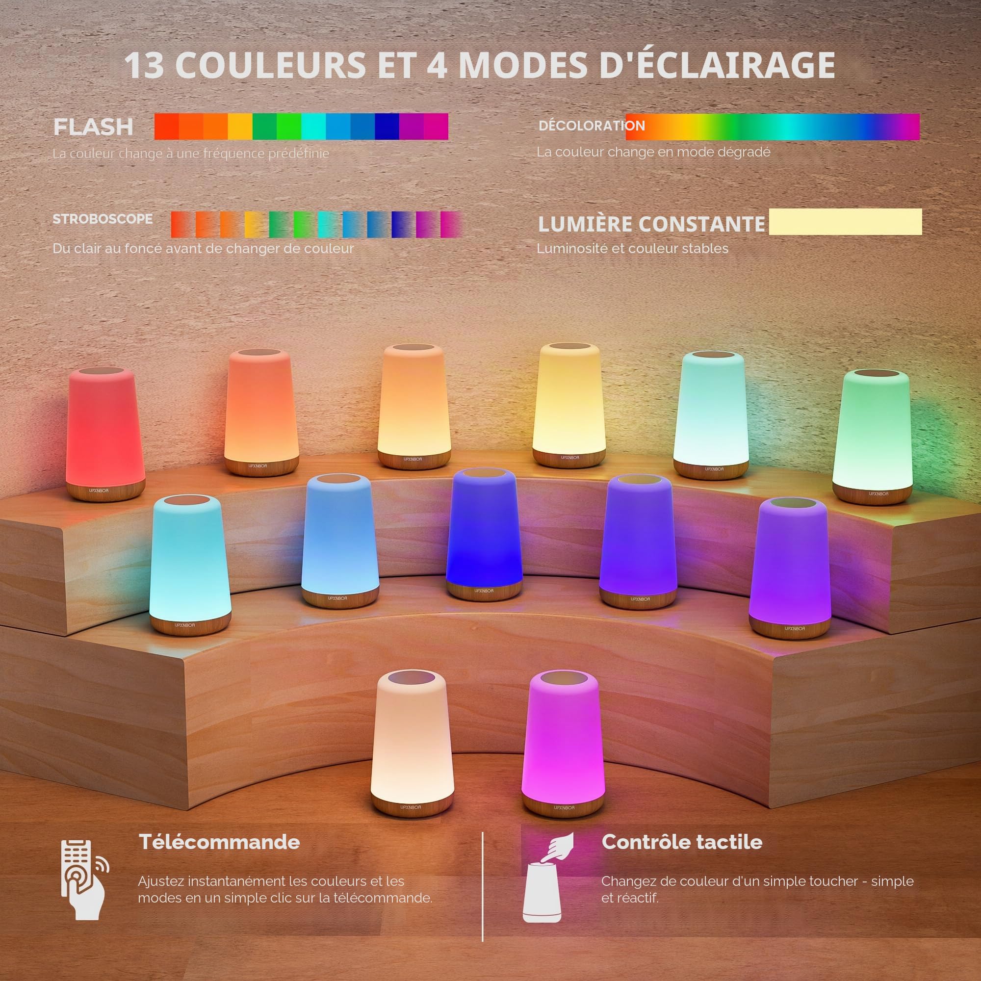 Lot de 2 lampes de chevet LED avec télécommande, intensité variable, 13 couleurs RVB et 4 modes, lampe de table sans fil avec minuterie et crochet, rechargeable par USB, veilleuse portable