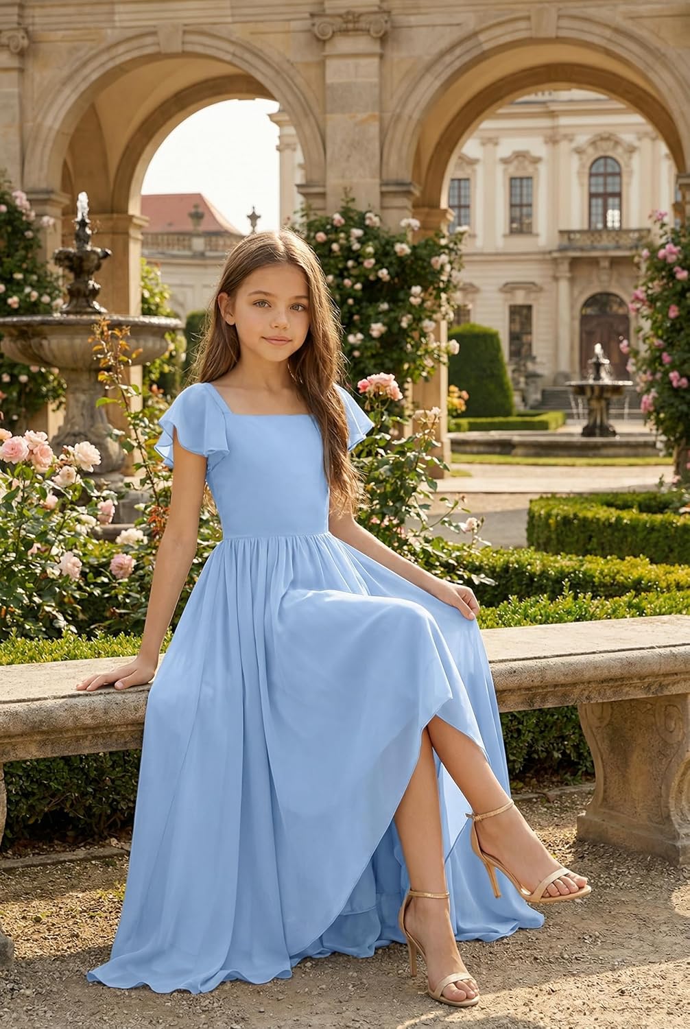 Rjin Flutter Sleeves Junior Bridesmaid Dress Chiffon Flower Girl Dresses for Wedding A-Line Girls Formal Party Pageant Dress