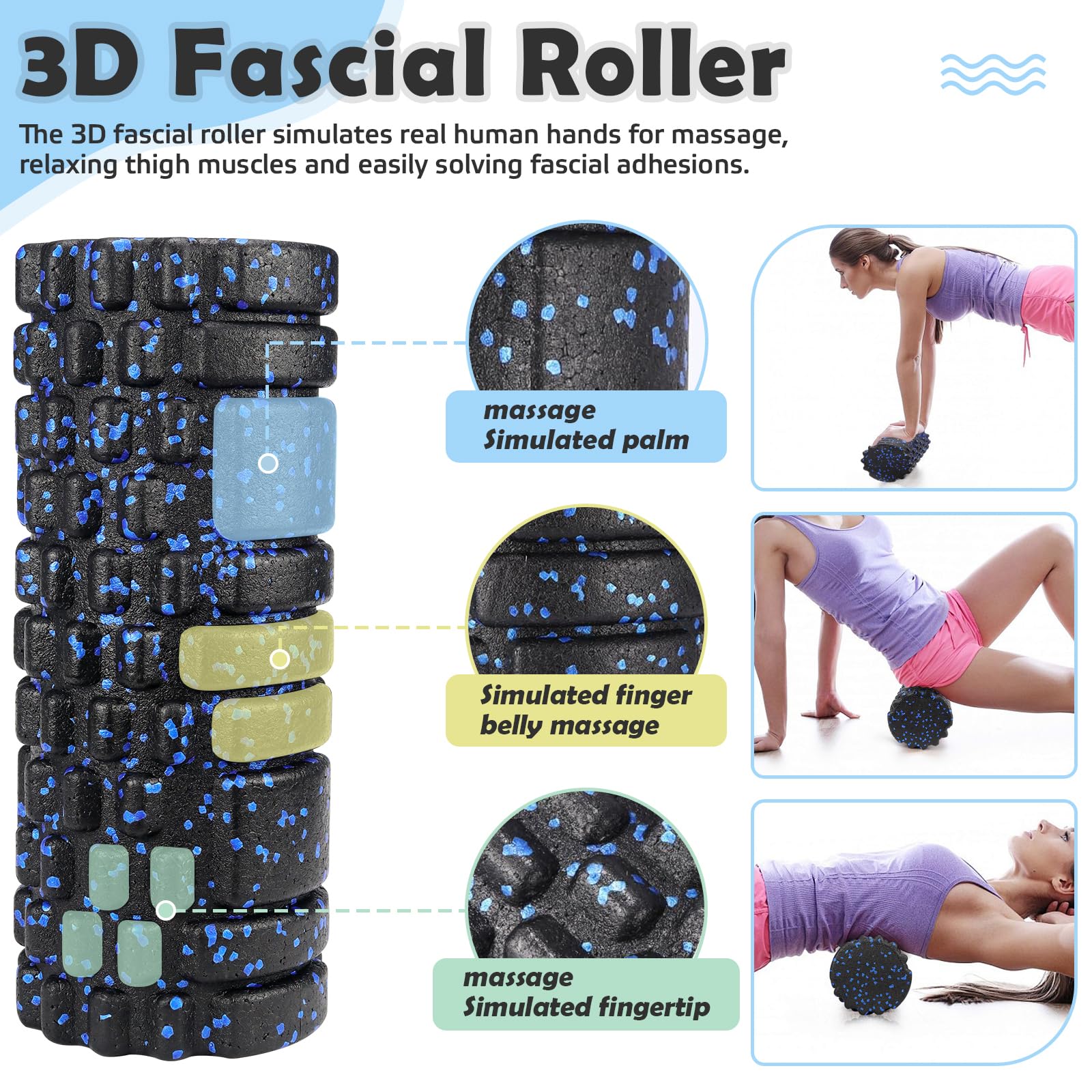 Wałek do masażu powięzi kręgosłupa, wałek piankowy z teksturą 3D, wałek do masażu pleców, fitnessu, masażu mięśni, jogi, łagodzi napięcie mięśni, wałek do masażu powięzi