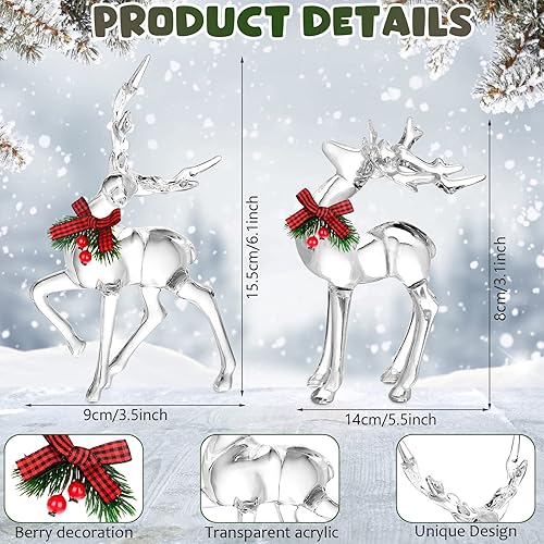 Miniatura 2 de Bucherry 2 figuras de reno de invierno, decoración de ciervos acrílicos, estatuas de ciervos con lazo de bayas rojas para el hogar, decoración de
