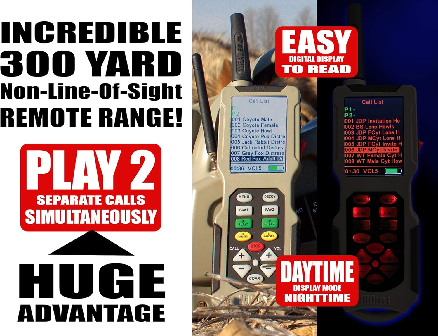 Icotec Outlaw Programmable Game Call/Decoy Combo - 240 Professional Sounds - 300 Yard Remote Range - Play 2 Sounds Simultaneously - Coyote Killing Machine : Sports & Outdoors