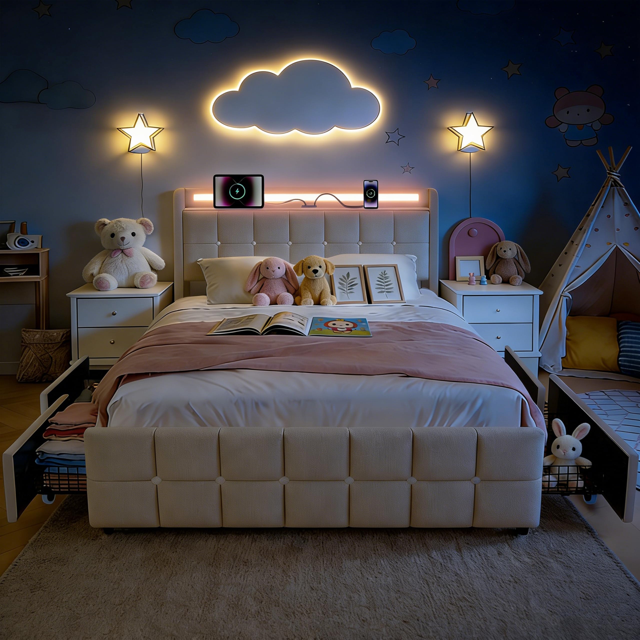 Marco de Cama tapizado, 160x200 cm, con 4 cajones de Almacenamiento, estación de Carga y cabecero LED, Cama Plataforma Moderna con Listones de Madera, Lino, Beige