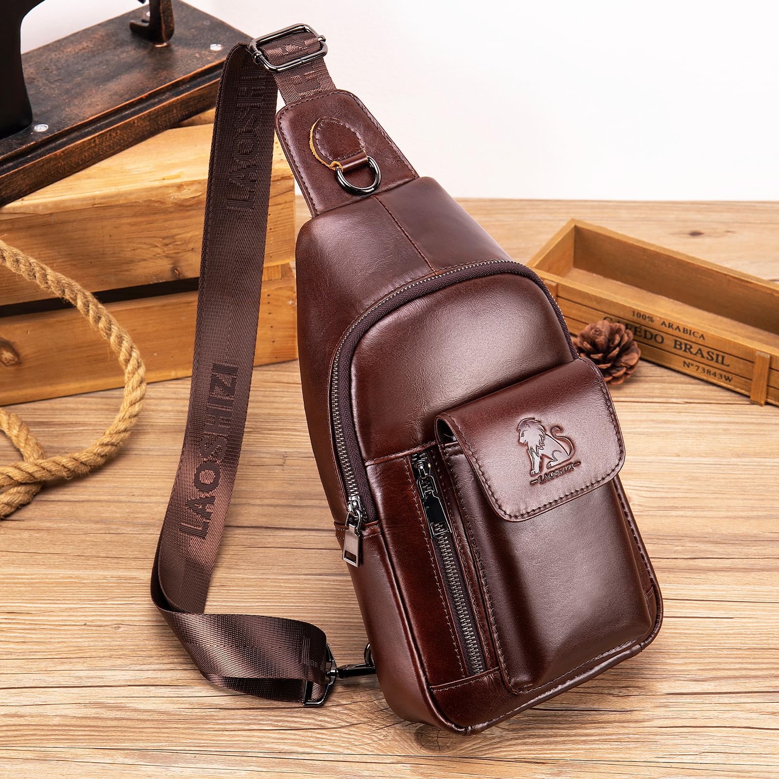 Sacoche Homme Cuir Véritable Bandoulière Réglable Sac de Poitrine Homme