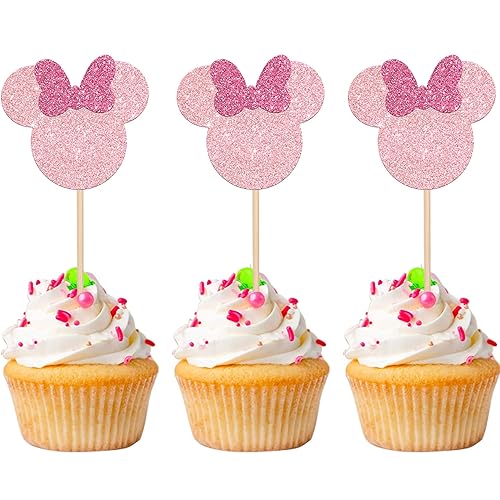 24 piezas inspiradas en ratones para magdalenas con lazo rosa con purpurina, mini púas para cupcakes, baby shower, boda, niños, fiesta de