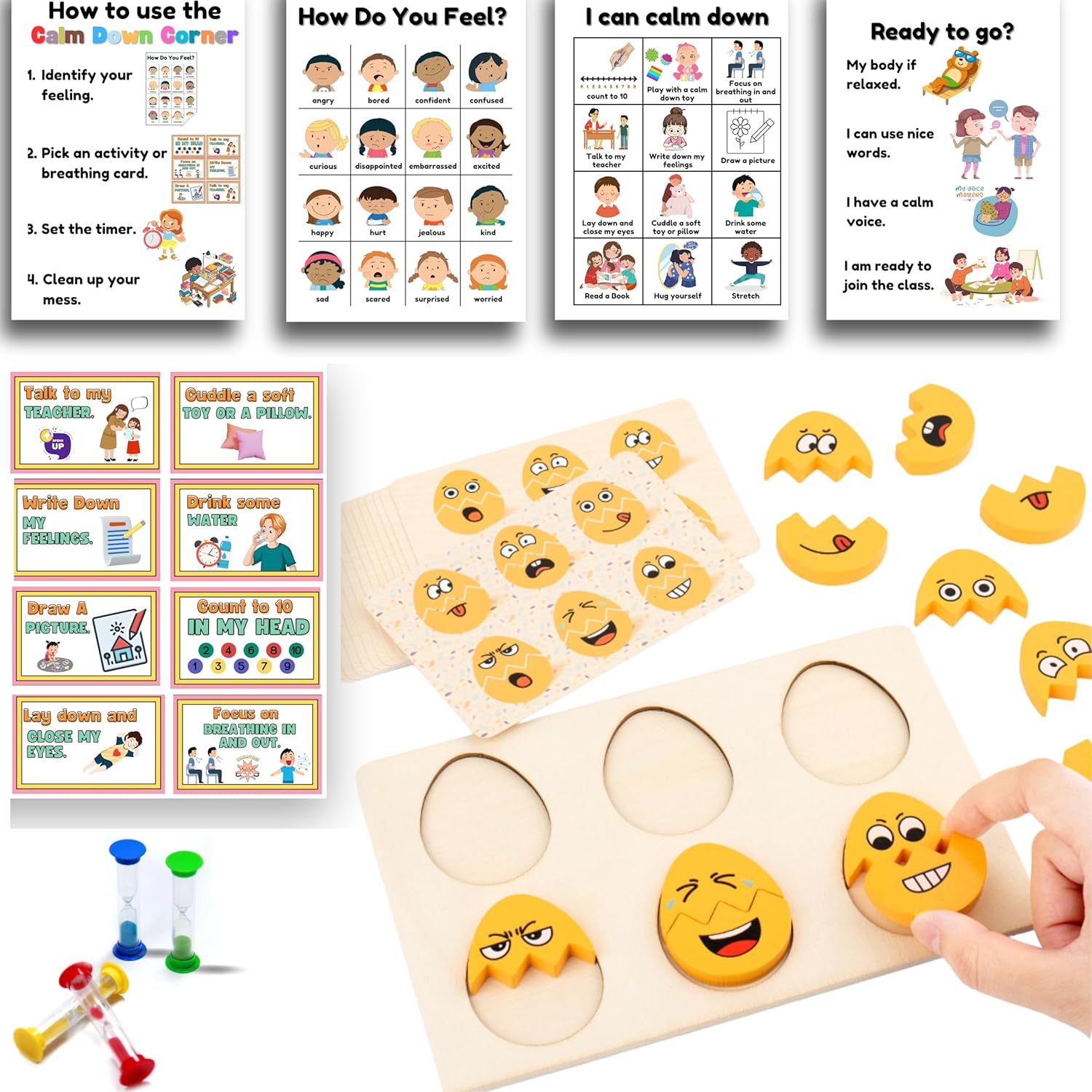 Calming Corner Items - Calm Down Corner Kit with Special Education Posters, Feelings Chart, Wooden Emotional Puzzle - Essential Calming Corner Supplies for Emotional Learning