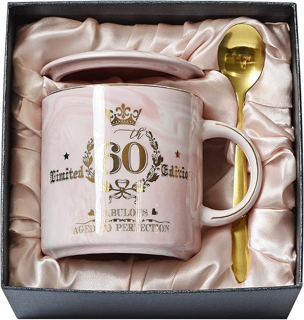 60th Birthday Gifts for Women - Aged to Perfection Happy Birthday Mug Printed with Gold - Happy 60th Bday Present for Her Turning 60 Years Old Women - 14Oz Pink Coffee Mug with Lid, Card, Gift Boxed