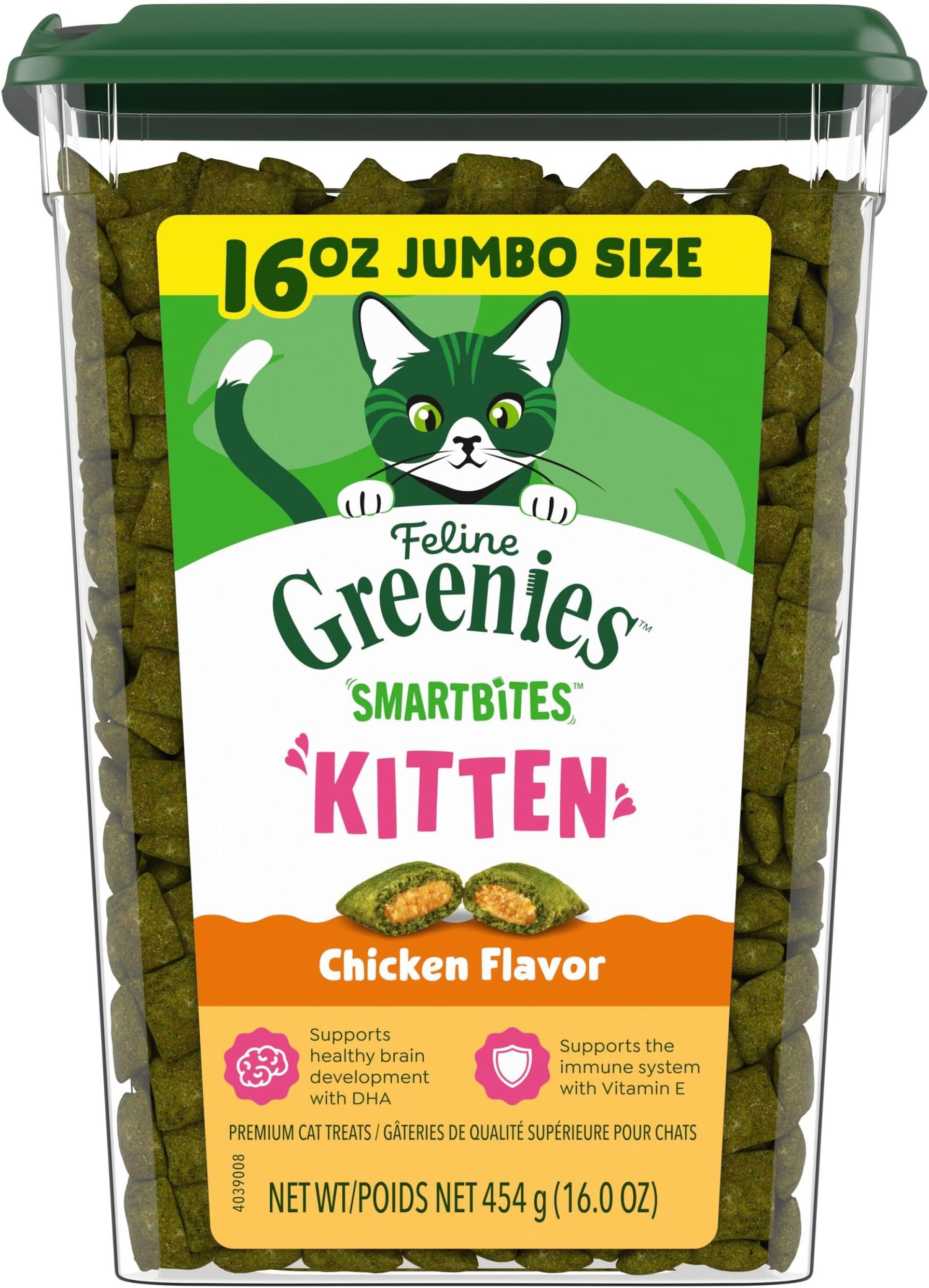 Feline Smartbites Healthy Kitten Treats for Indoor Kittens, Crunchy and Soft Natural Cat Treats, Chicken Flavor, 16 oz. Tub