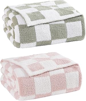 WRENSONGE Soft Checkered Throw Blanket Sage Green 60x80 and Warm Throw Blanket Pink 60x80