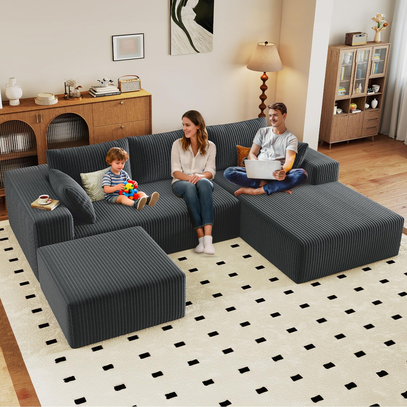 96" U-Shape Cloud Couch, Modern Modular Sectional L-Shape Sofa with Ottoman, Corduroy Upholstered Couches Deep Seat Chaise Longue for Living Room, No Assembly Required(Dark Gray, Right Facing)