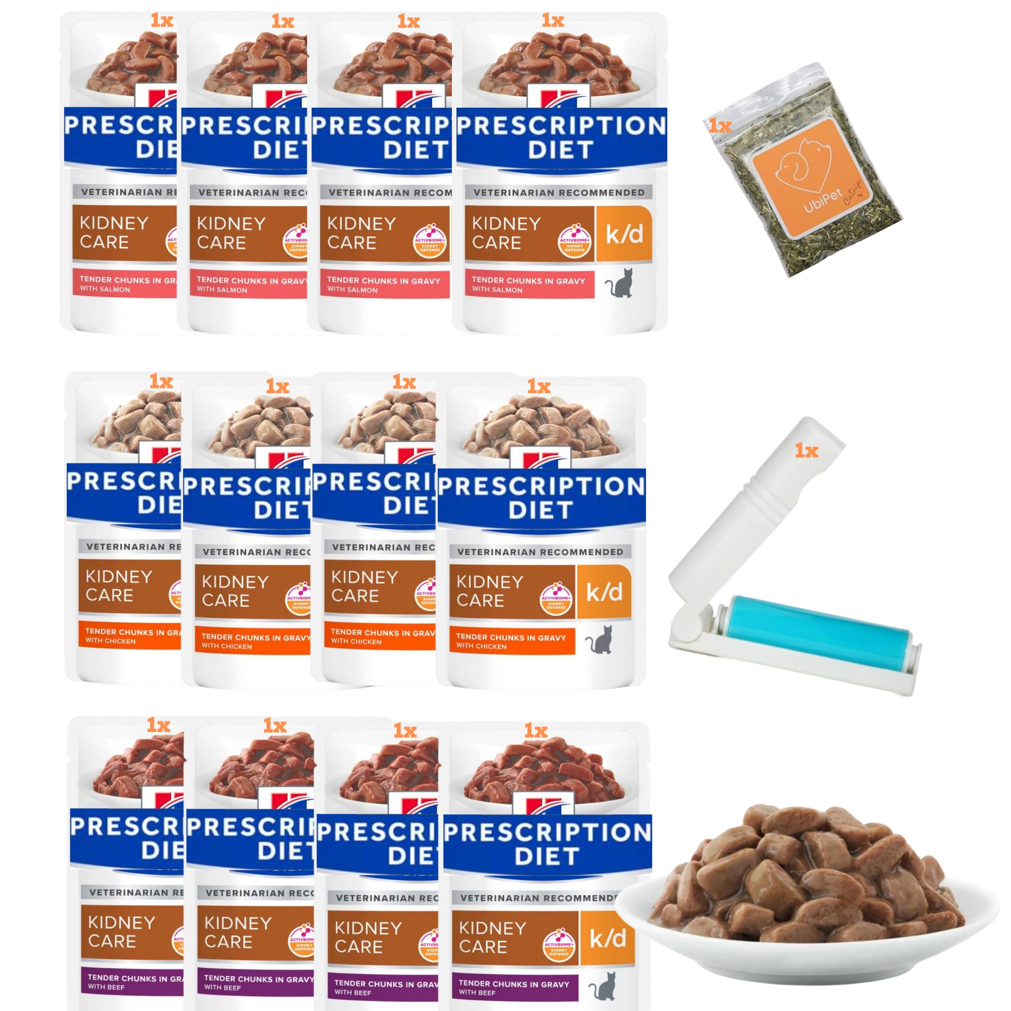 Kidney Care Cat Food Bundle in Gravy with Prescription Diet K/D Beef, Salmon and Chicken 85 grams x12 plus UbiPet Catnip and Lint Roller
